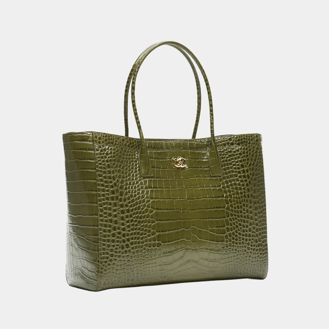Large Tote Bag Crocodile-Embossed Calfskin & Gold-Tone Metal Khaki