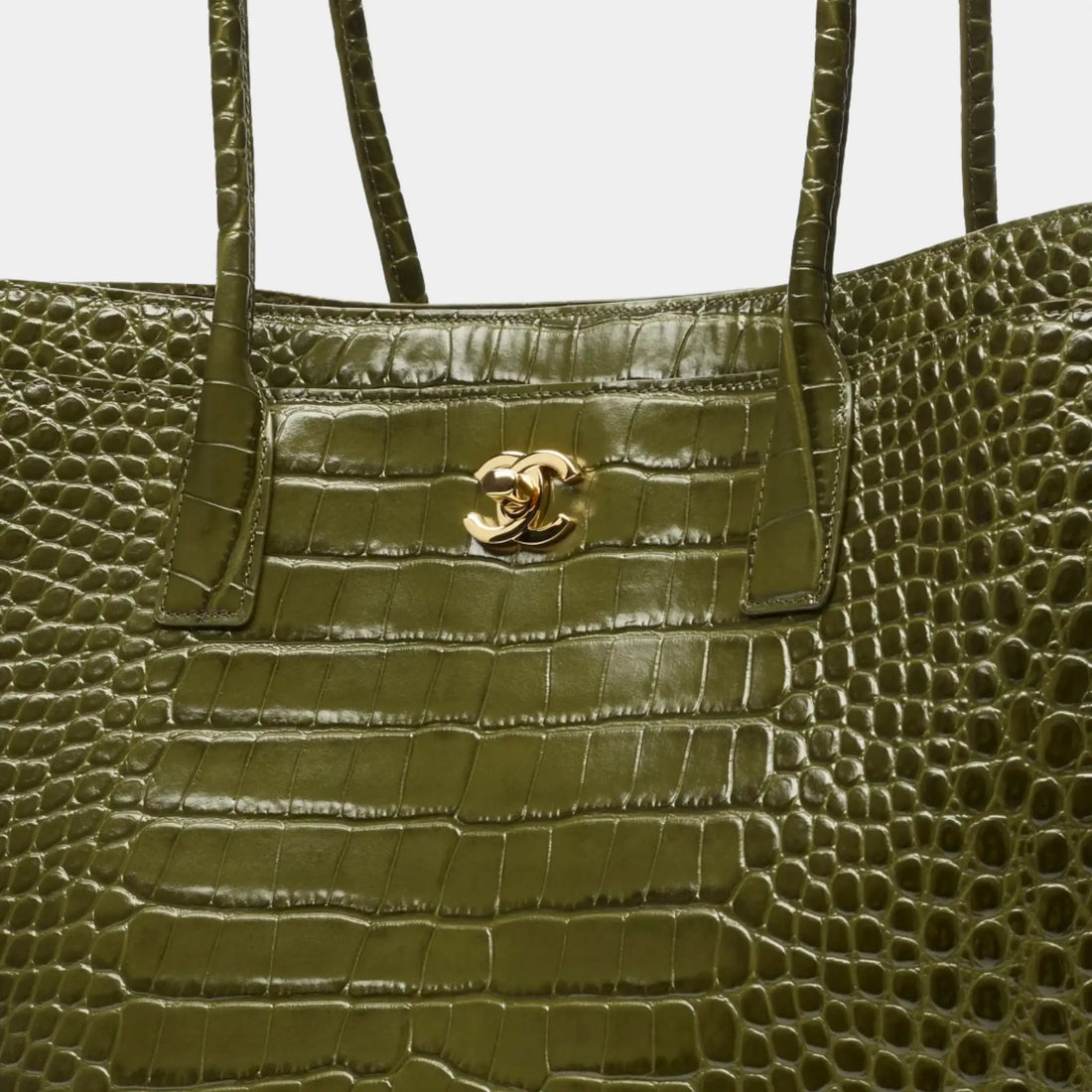 Large Tote Bag Crocodile-Embossed Calfskin & Gold-Tone Metal Khaki