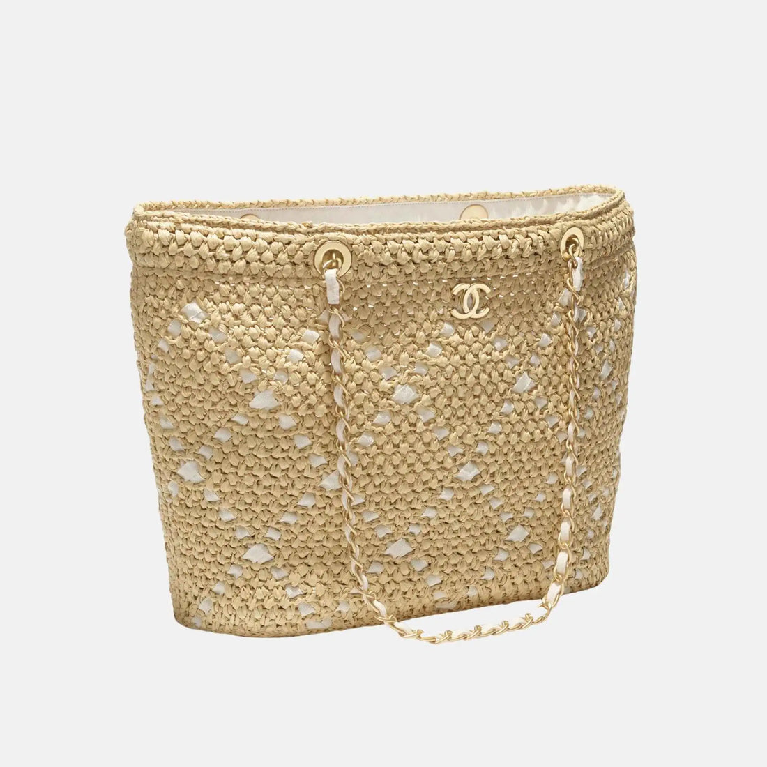 Large Tote Braided Raffia Cotton Grosgain Ribbon &amp; gold tone metal