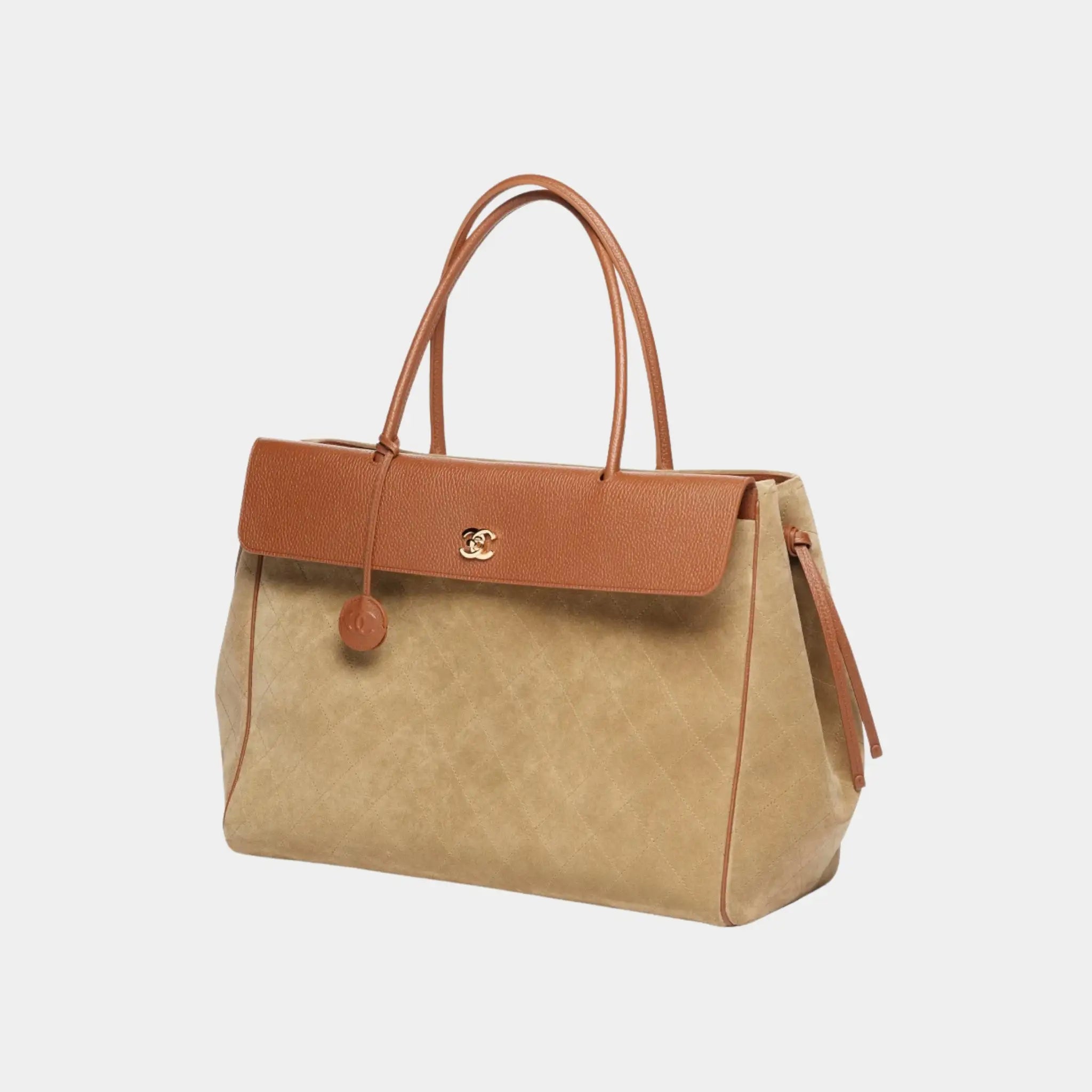 Chanel Large Tote in Suede &amp; Grained Calfskin, Dark Beige, Camel, Front Side
