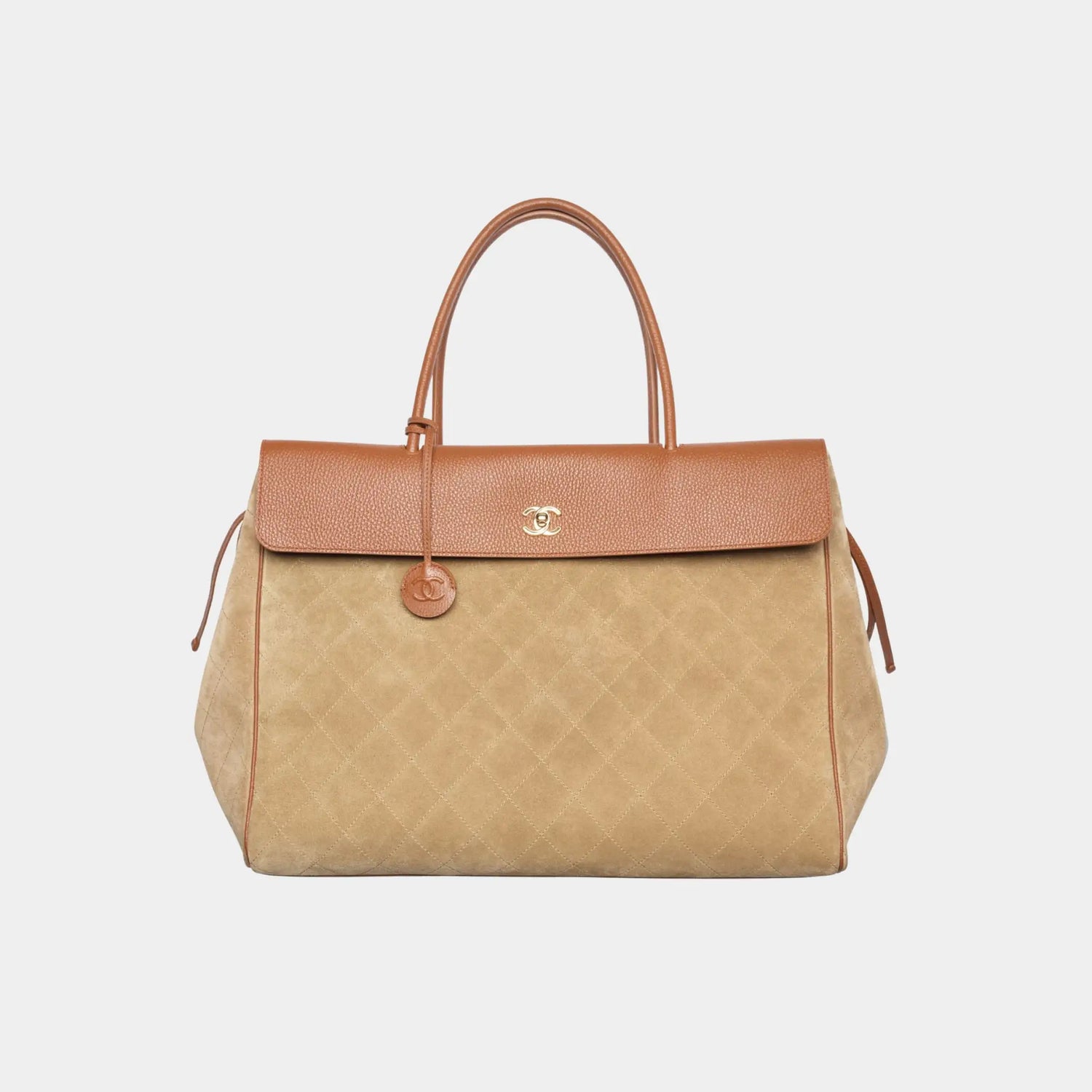 Chanel Large Tote in Suede &amp; Grained Calfskin, Dark Beige, Camel, Front