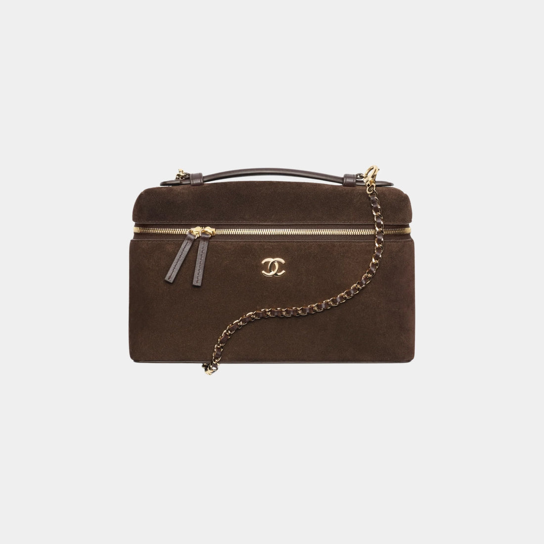 Chanel Large Vanity with chain in Dark Brown Suede Calfskin, Front