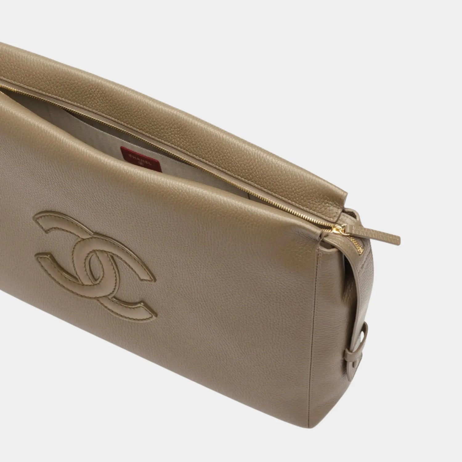 Chanel Large Zipped Pouch in Dark Khaki Grained Calfskin, Top