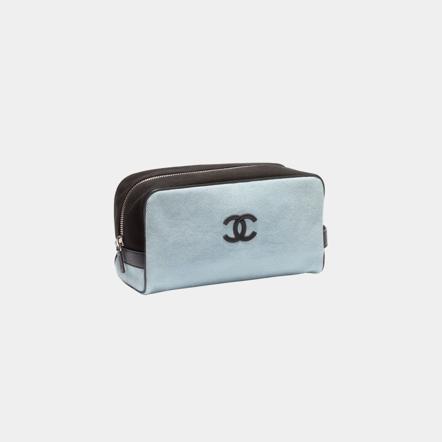 Chanel Large Zippered Pouch Canvas Calfskin &amp; Silver-Plated Metal