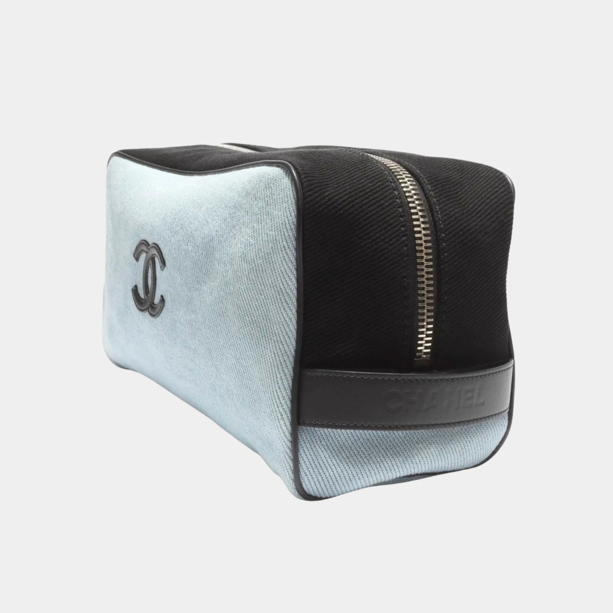Chanel Large Zippered Pouch Canvas Calfskin &amp; Silver-Plated Metal