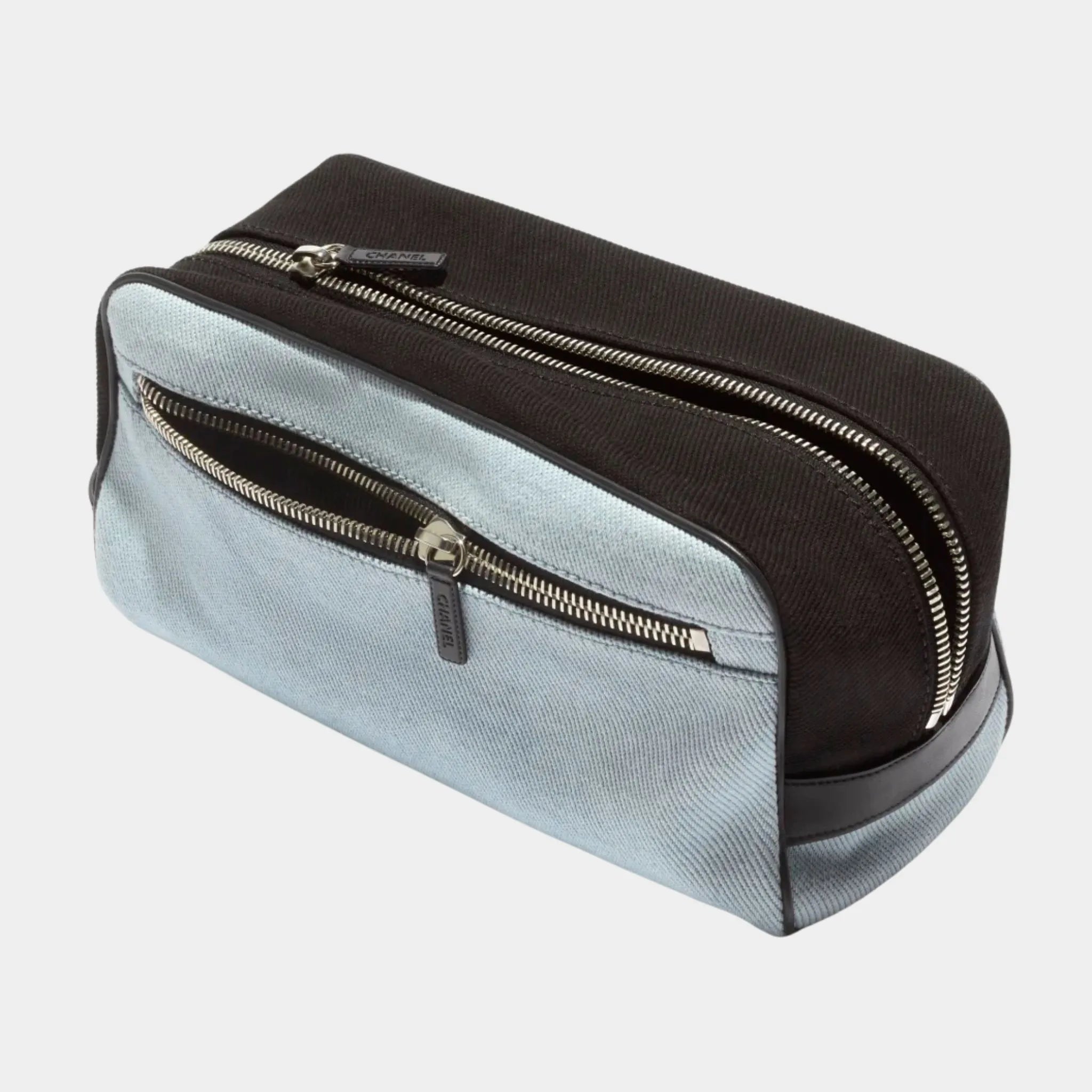 Chanel Large Zippered Pouch Canvas Calfskin &amp; Silver-Plated Metal