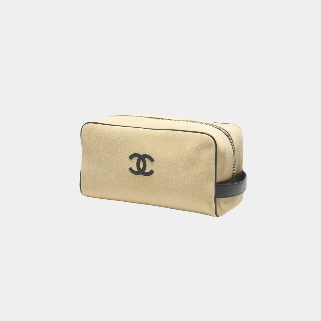 Large Zippered Pouch Suede Calfskin & Silver-Plated Metal Beige