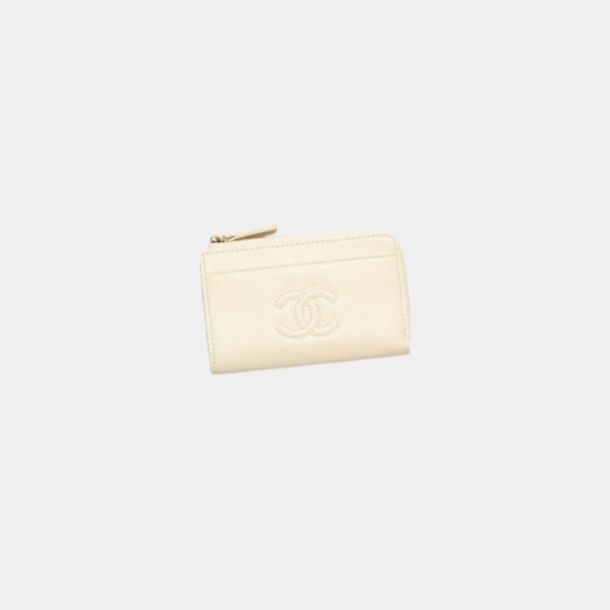 Light Beige Zipped Card Holder Grained Shiny Calfskin