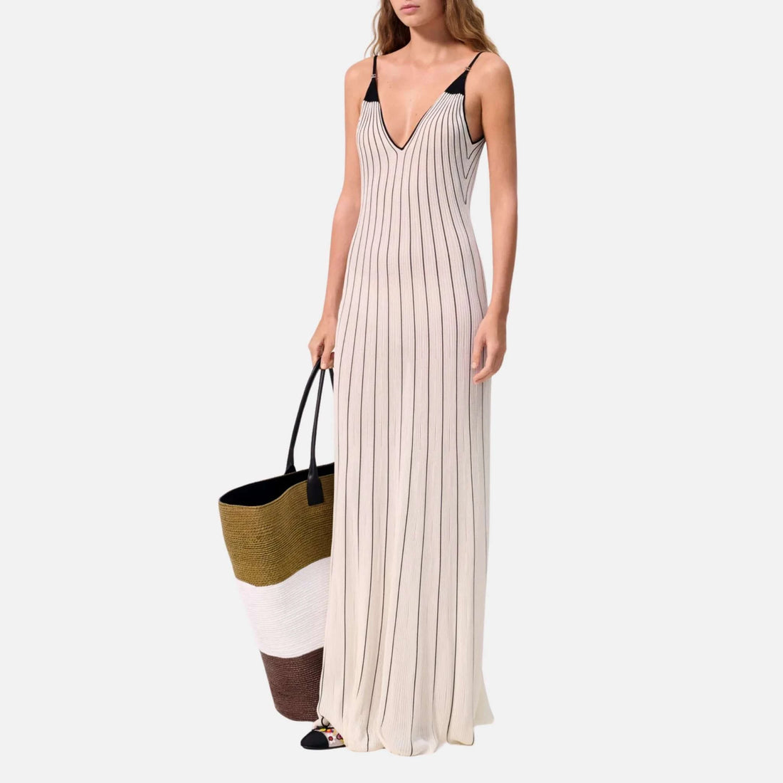 Chanel Long Dress Mixed Fibers White Black