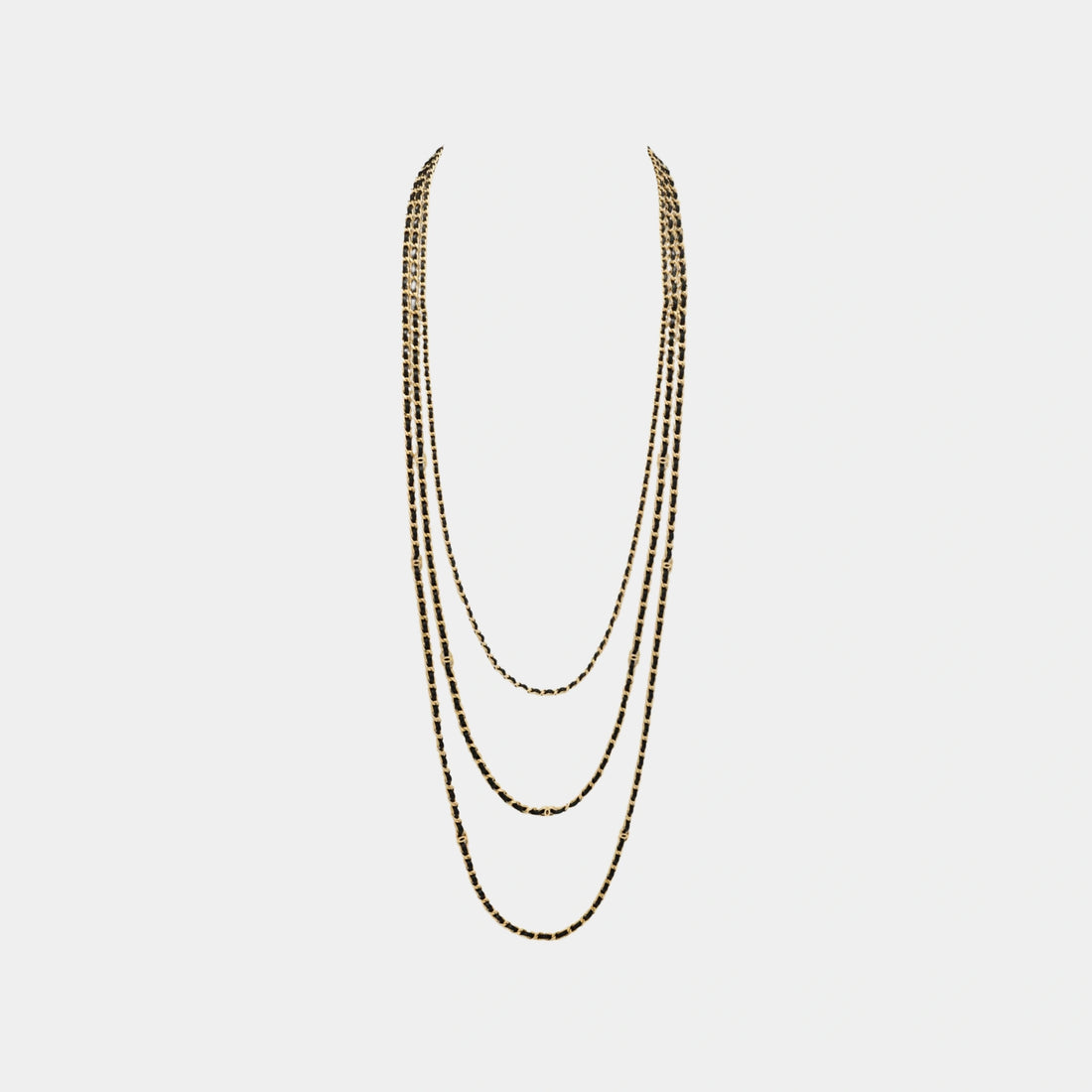 Chanel Long Layered Necklace in Gold Metal & Black Lambskin, Front