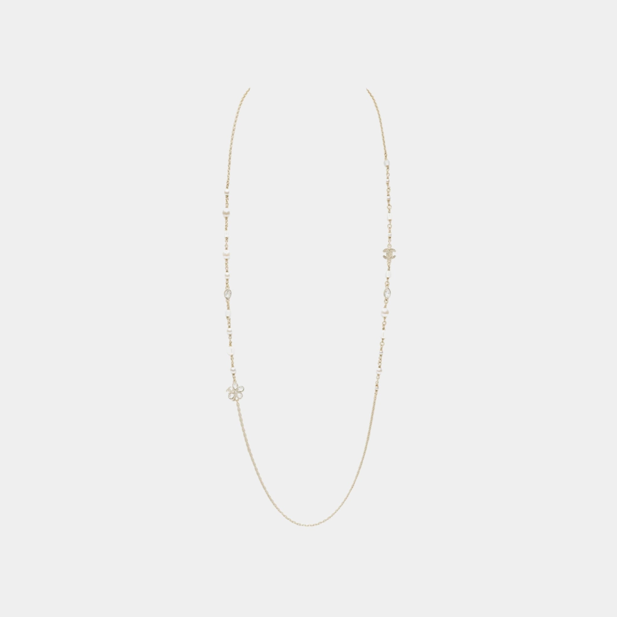 Long Necklace in Gold Metal with Glass Pearls and Crystal