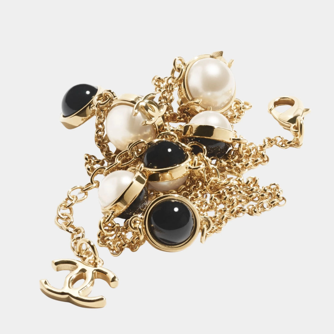 Long Necklace Metal & Resin Gold Black & Pearly White
