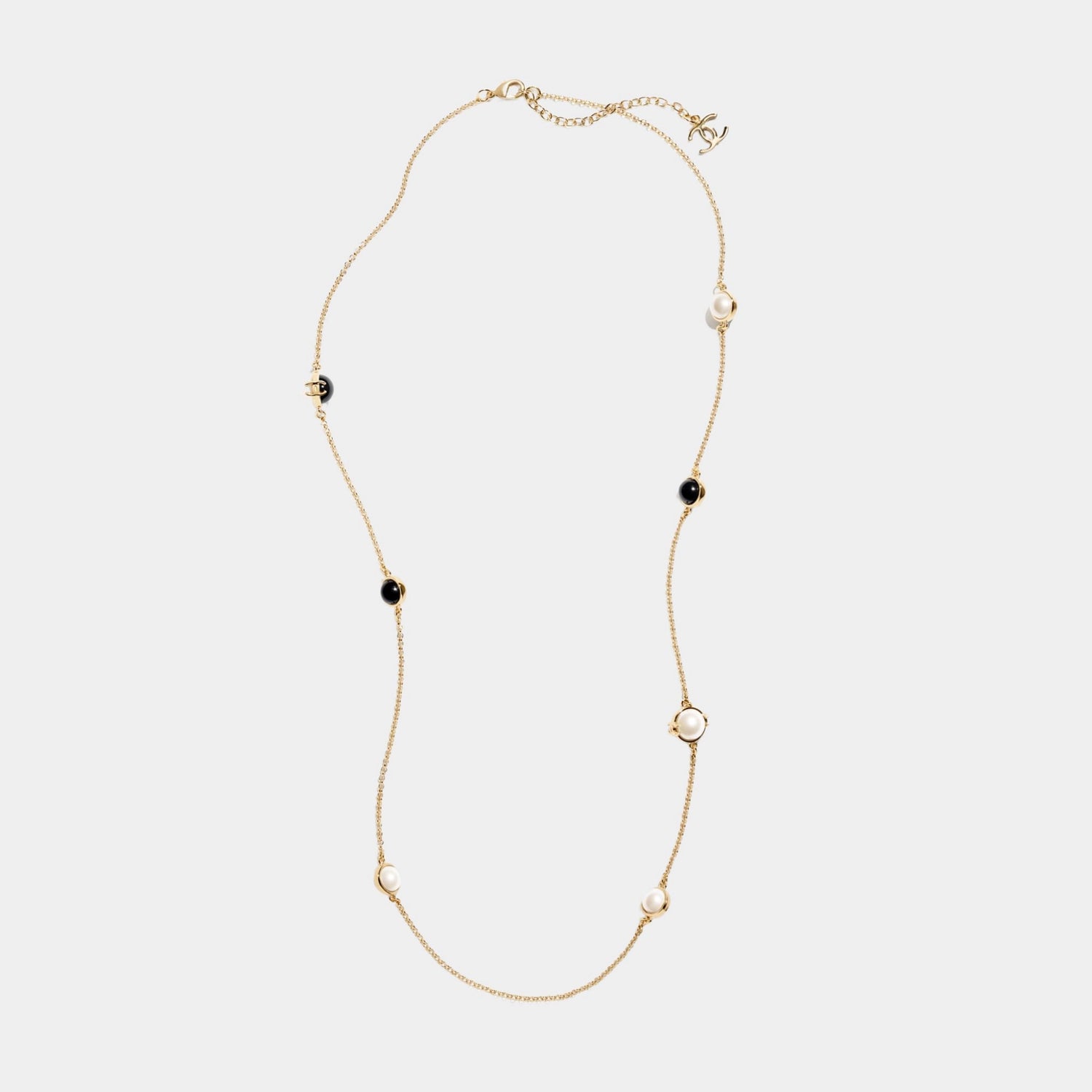 Long Necklace Metal &amp; Resin Gold Black &amp; Pearly White