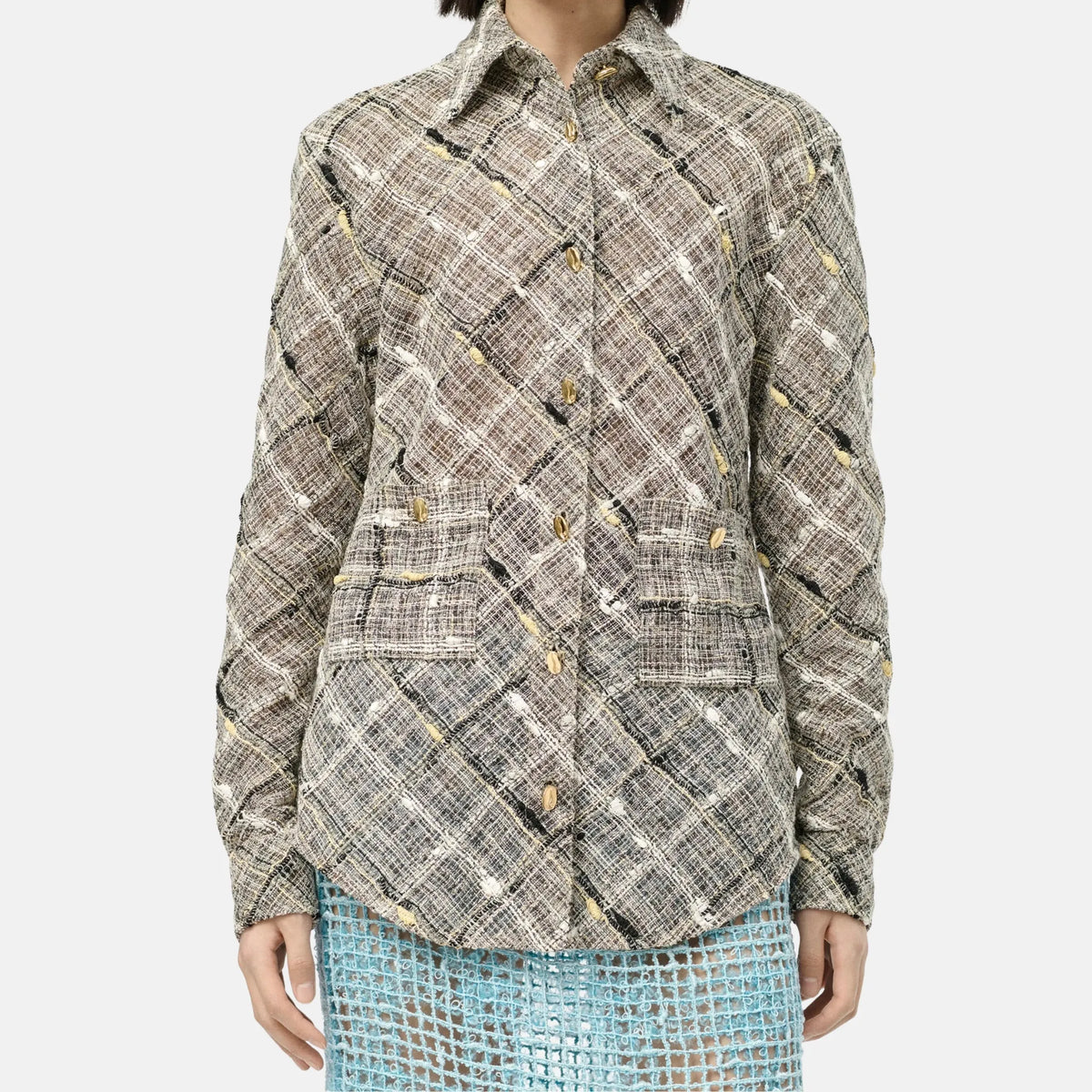 Long Sleeved Cotton Shirt Tweed in Black Grey and Yellow