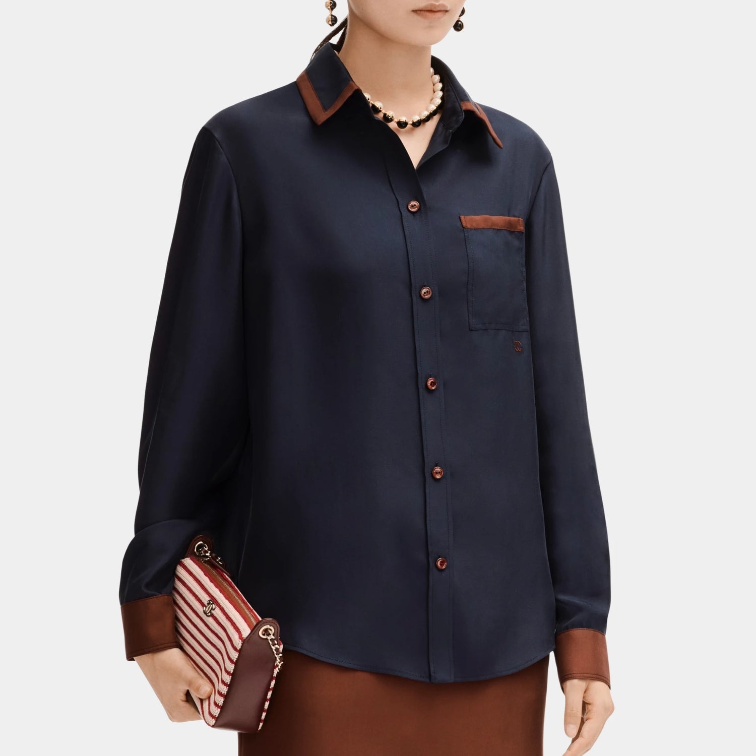 Chanel Long Sleeved Shirt in Navy Blue Silk Twill, Front