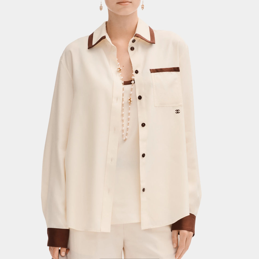 Chanel Long-sleeved Shirt in Silk Light Yellow and Burgundy, Front
