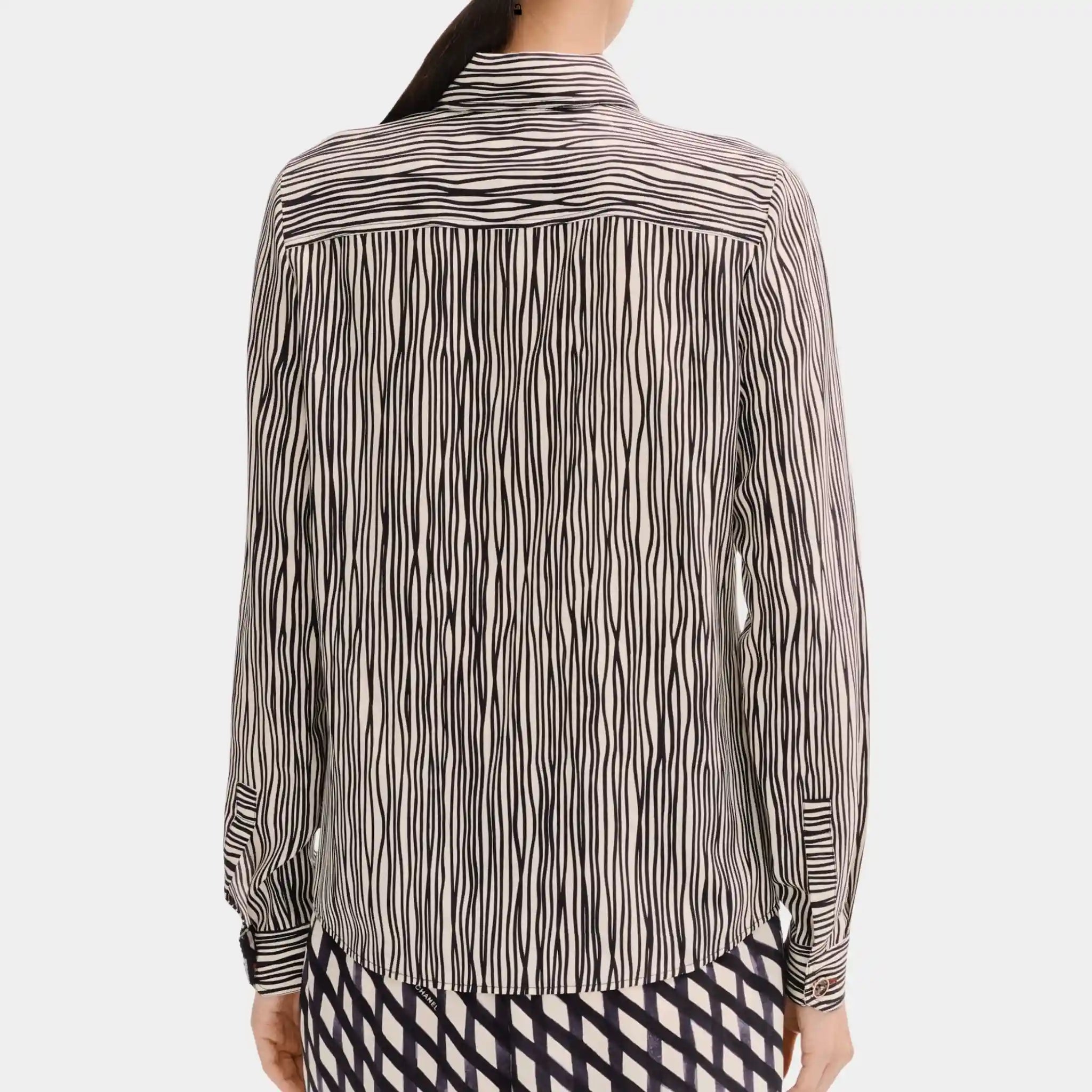 Chanel Long Sleeved Shirt in White and Black Silk Crepe, Back