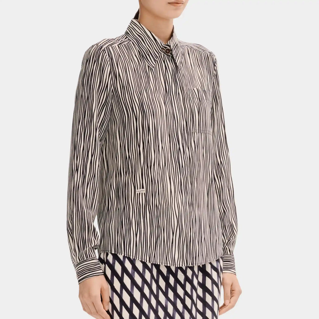 Chanel Long Sleeved Shirt in White and Black Silk Crepe, Front