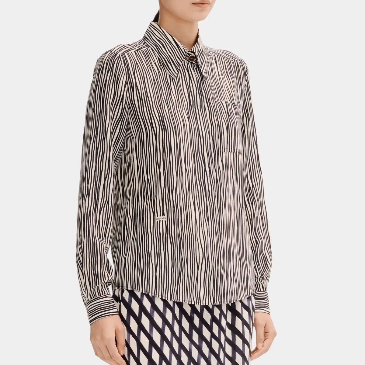 Long Sleeved Shirt in White and Black Silk Crepe