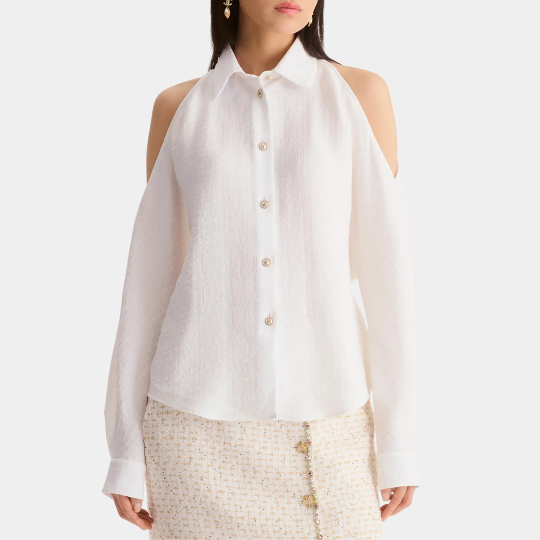 Chanel Long-sleeved Shirt in White Silk Jacquard, Front