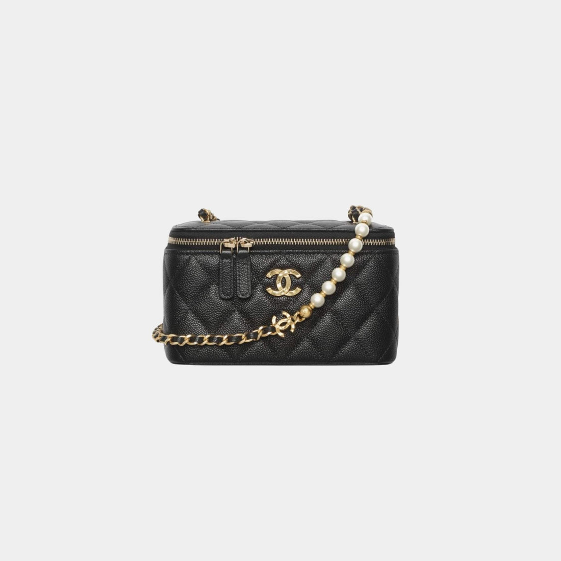 Chanel Long Vanity with Chain in Grained Calfskin with Imitation Pearl, Black