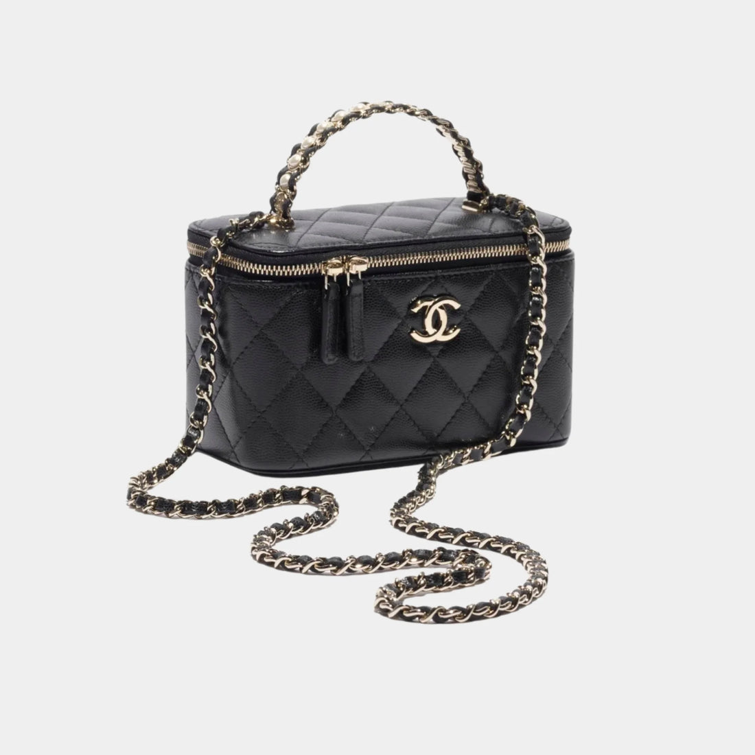 Chanel Long Vanity with Chain Grained Calfskin & Imitation Pearl, Black, Front