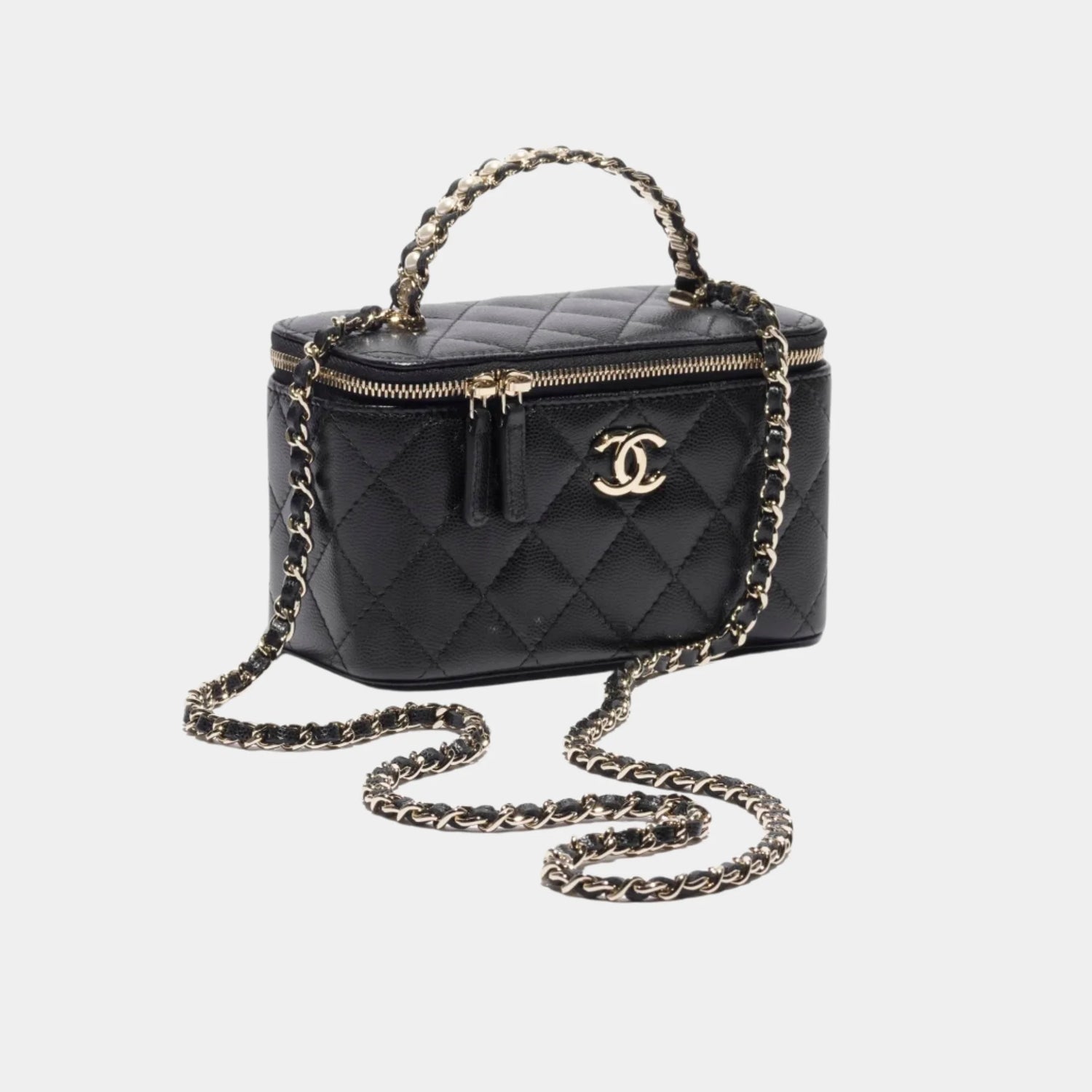 Chanel Long Vanity with Chain Grained Calfskin &amp; Imitation Pearl, Black, Front