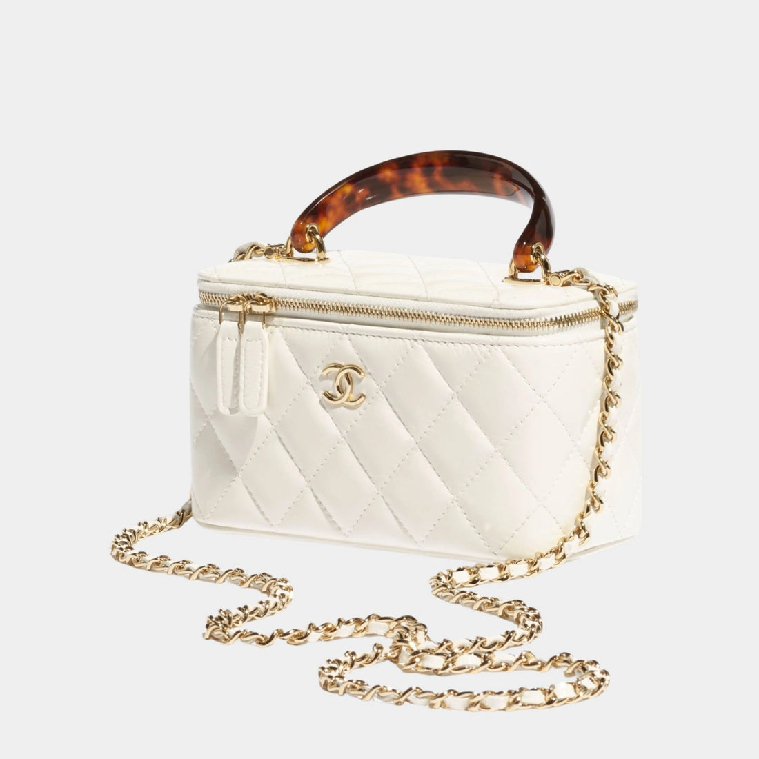 Chanel حقيبة فانيتي طويلة بسلسلة، جلد حمل بتأثير صدفة السلحفاة، بليكسي ومعدن بلون ذهبي، أبيض، جانبية 