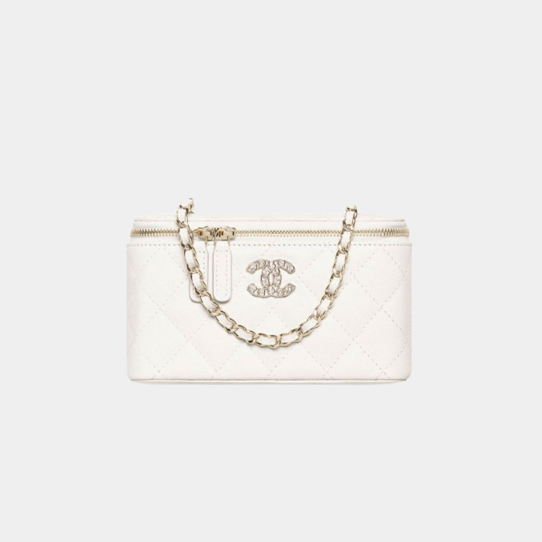 Chanel Long Vanity with Chain in Shiny Graind Calfskin and Strass, White