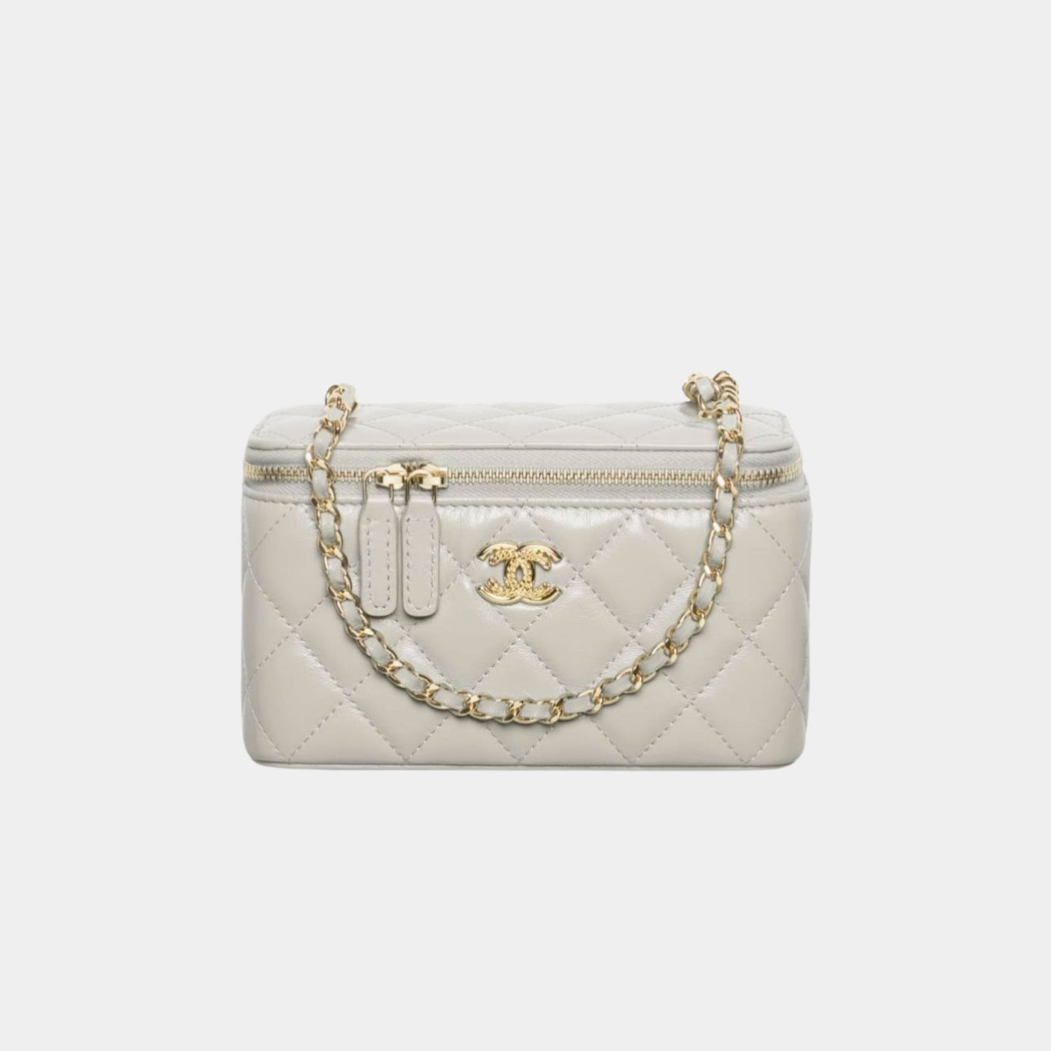 Chanel Long Vanity with Chain in Shiny Lambskin and Gold Tone, Light Grey