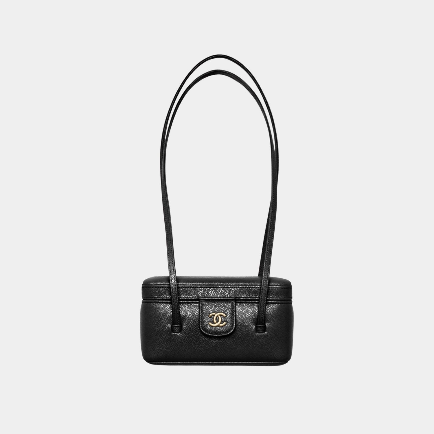 Chanel Long Vanity With Leather Strap Grained Shiny Calfskin &amp; Gold Tone Metal, Black , Front