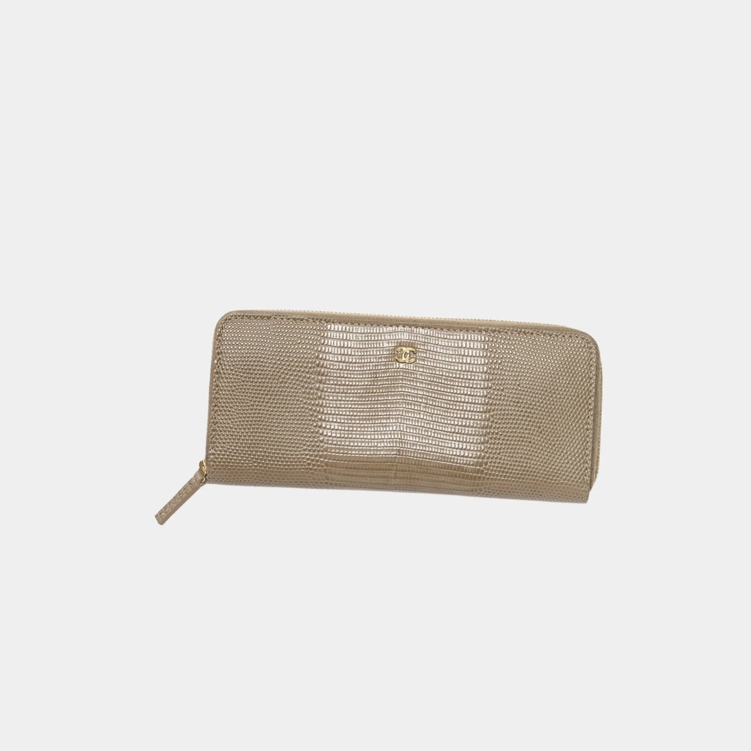 Chanel Long Zipped Wallet in Dark Khaki Lizard Embossed Calfskin, Front