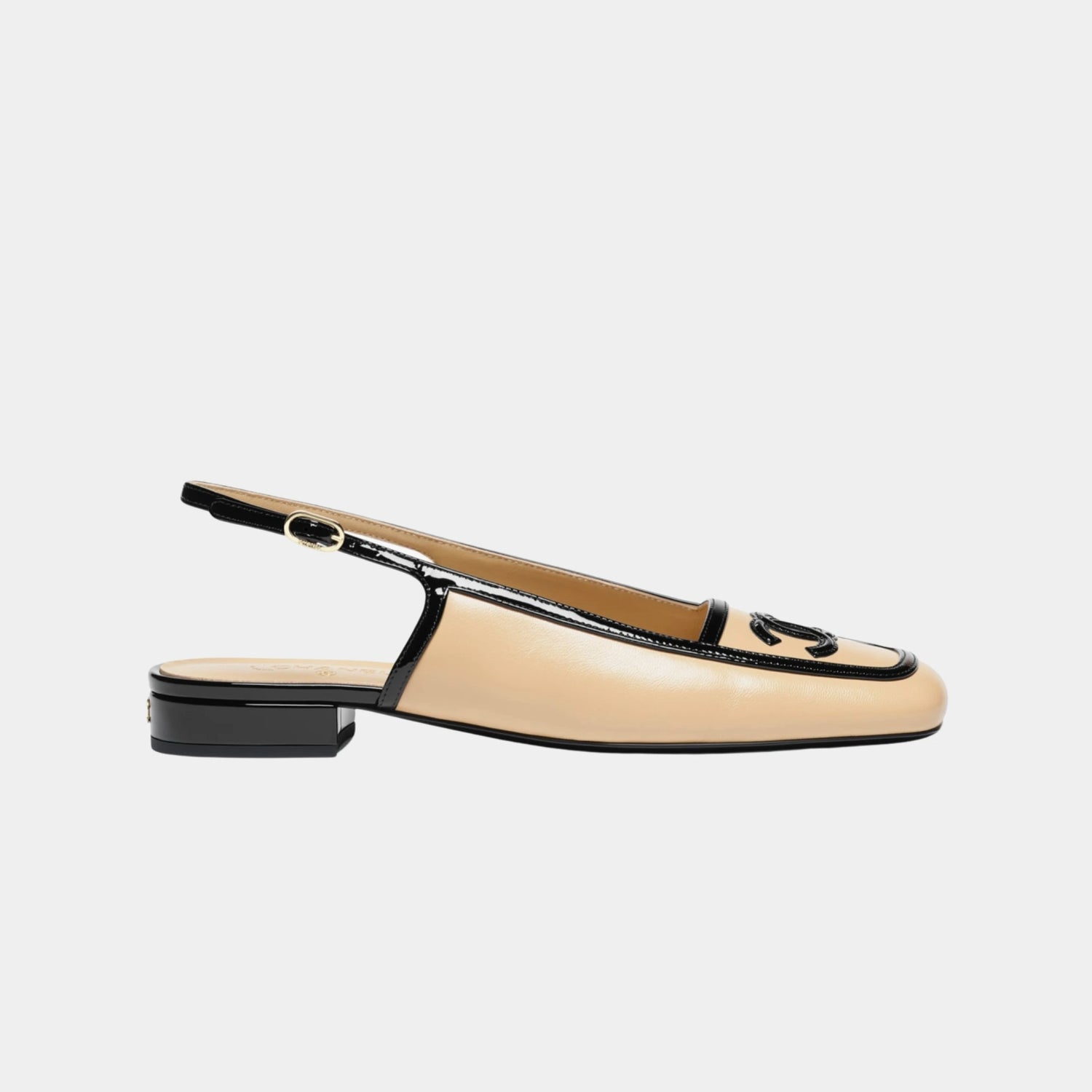 Chanel Low Heeled Slingbacks in Lambskin &amp; Patent Calfskin, Beige Black, Side