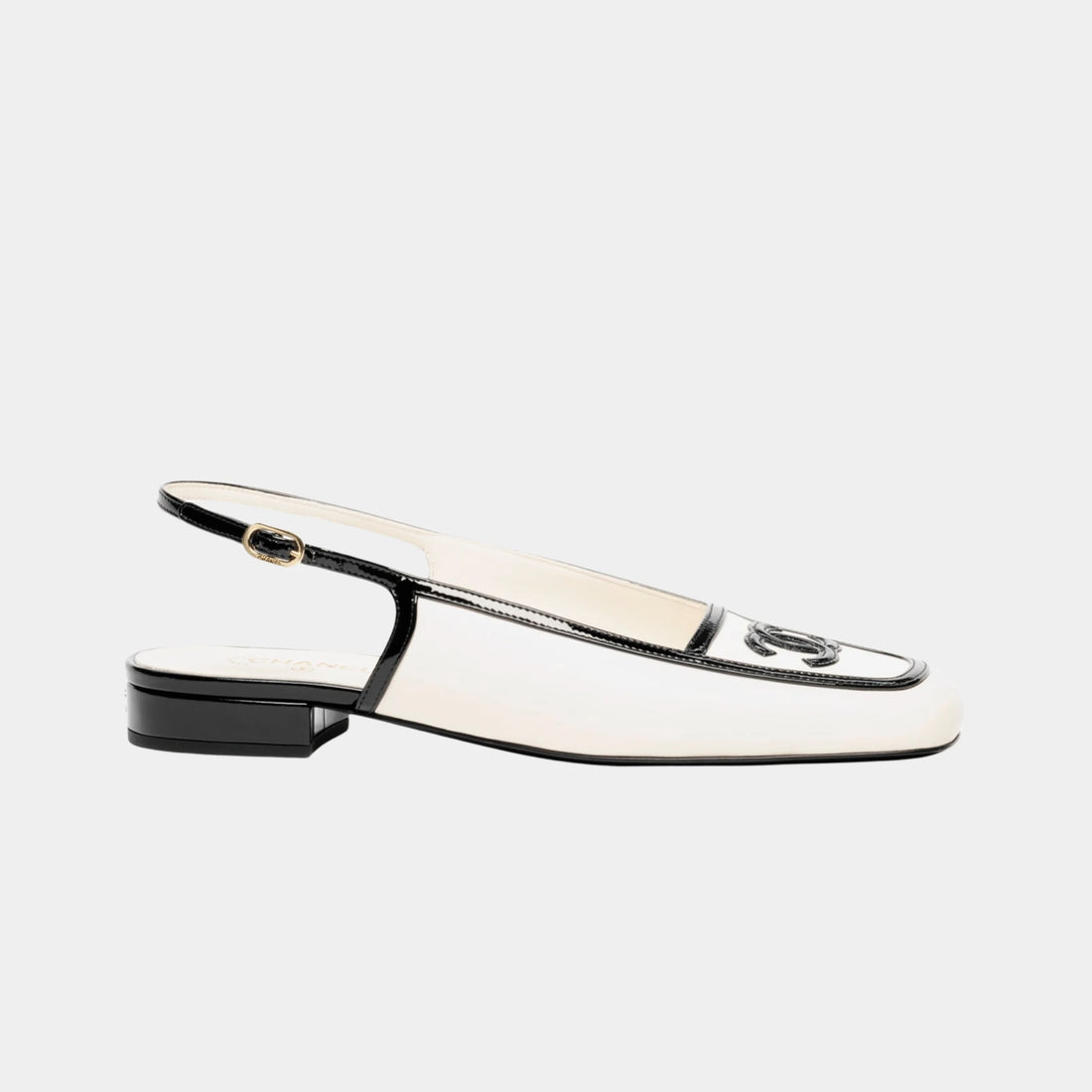 Chanel Low Heeled Slingbacks in Lambskin & Patent Calfskin, White Black, Side