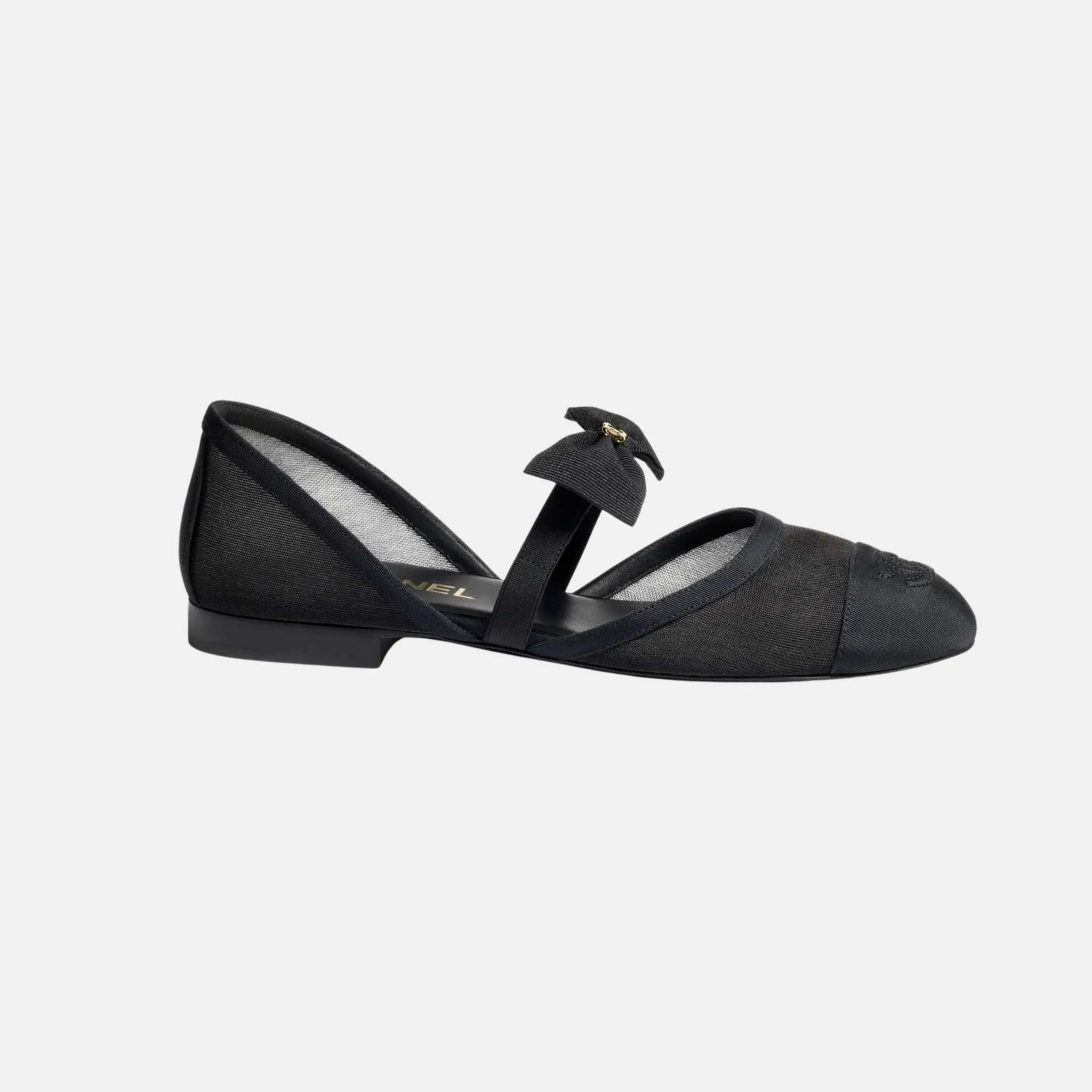 Chanel Mary Janes in Mesh and Grosgrain, Black, Front