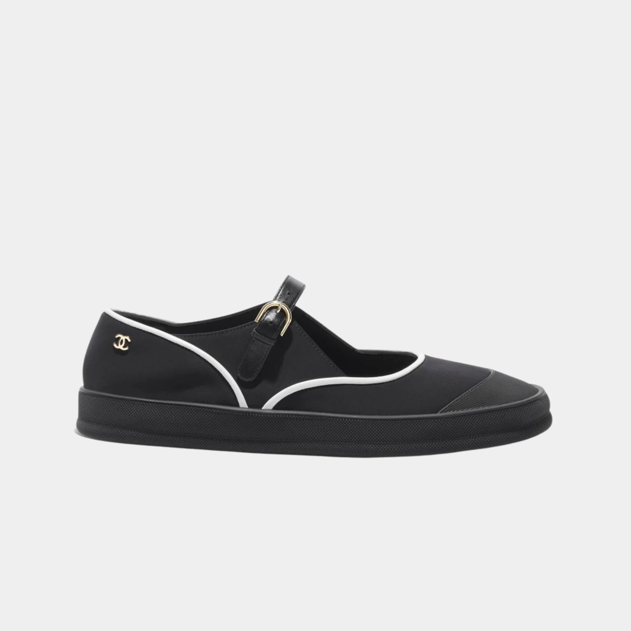 Chanel Mary Janes in Mixed Fibers &amp; Rubber, Black, White, Side