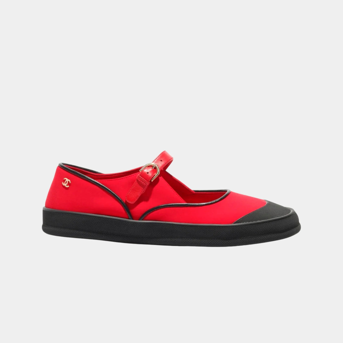 Chanel Mary Janes in Mixed Fibers & Rubber, Red, Black, Side