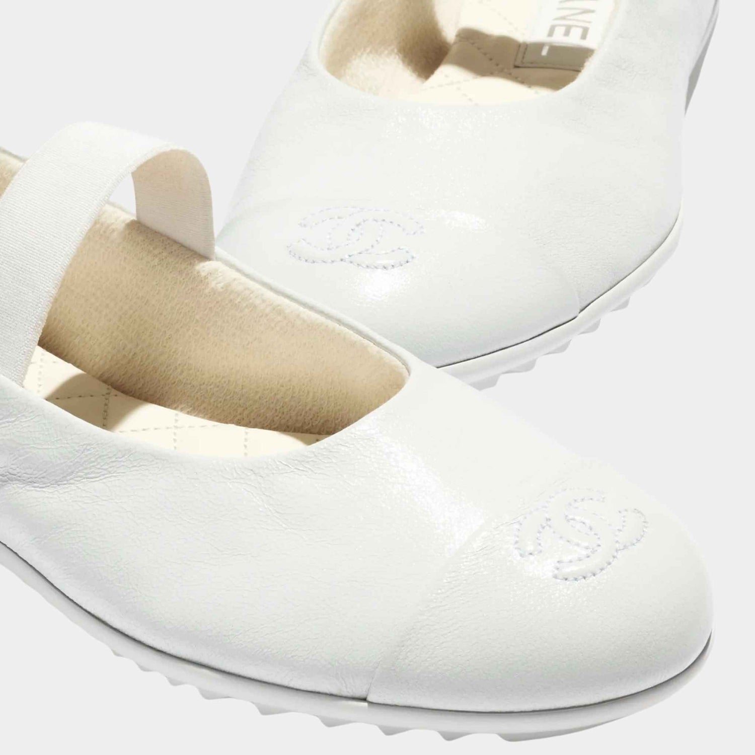 Chanel Mary Janes Lambskin White , Closeup Side