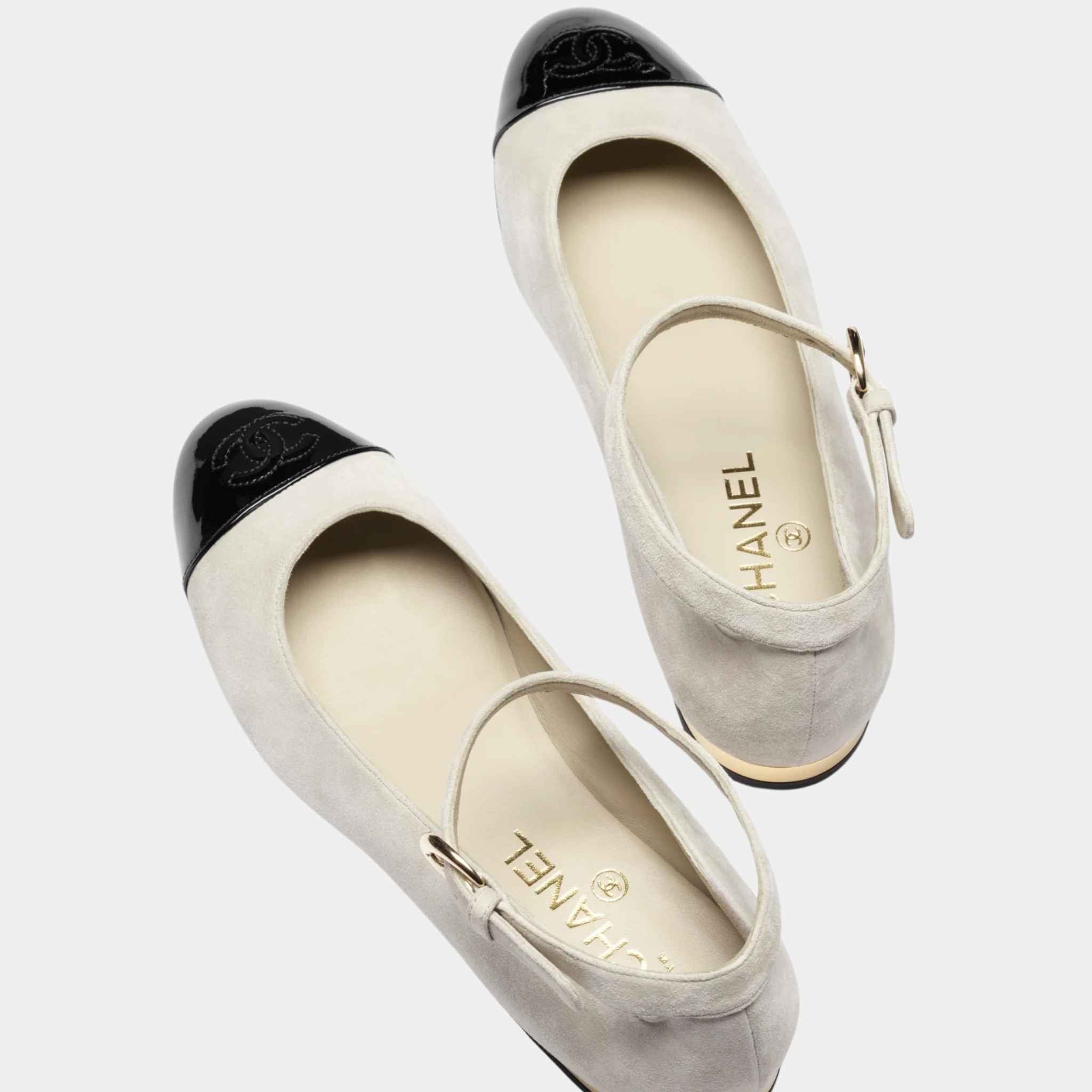 Chanel Mary Janes Suede Calfskin Patent Calfskin Light Grey Black, Top