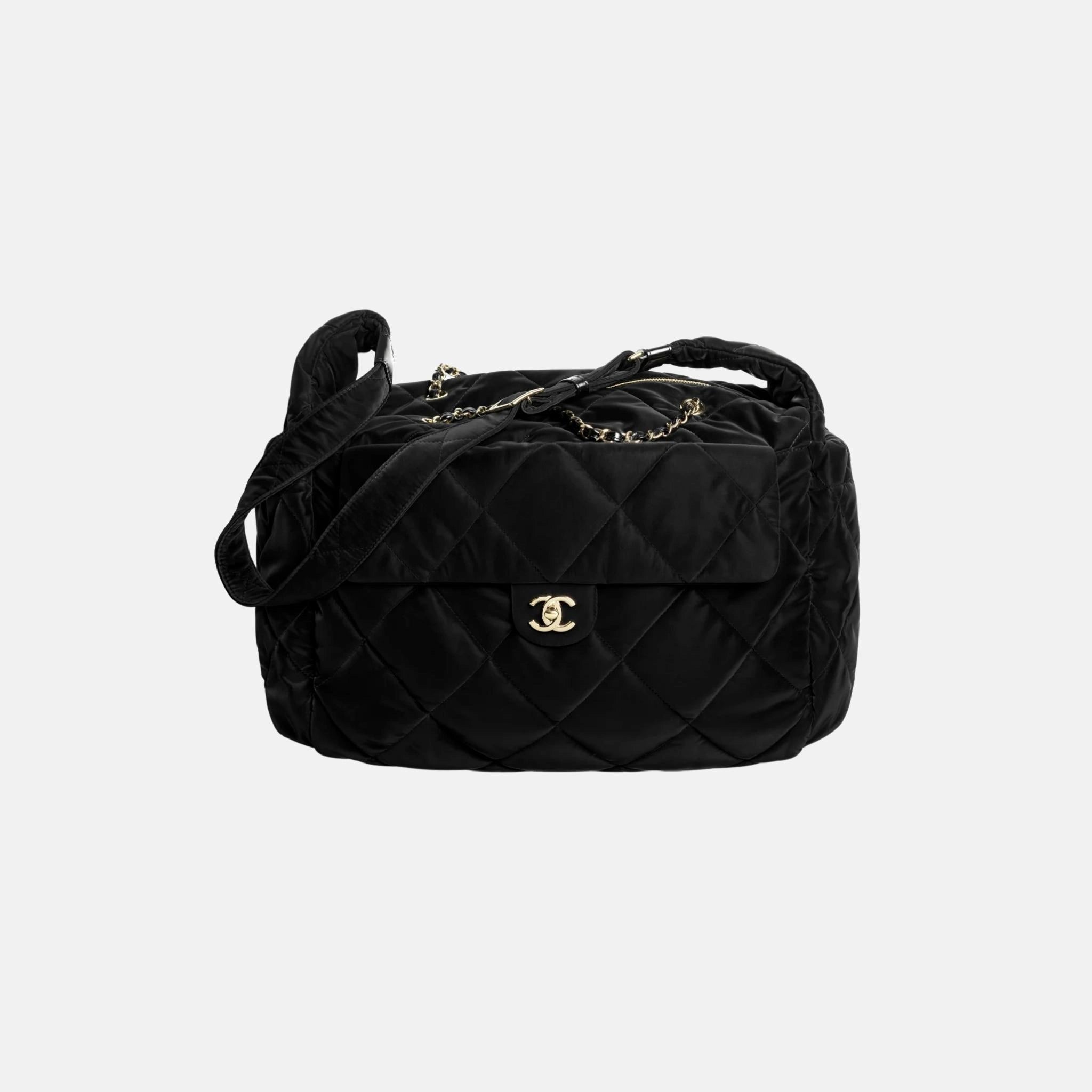 Chanel Maxi Bowling Bag Velvet Effect Nylon Gold Tone Metal, Front