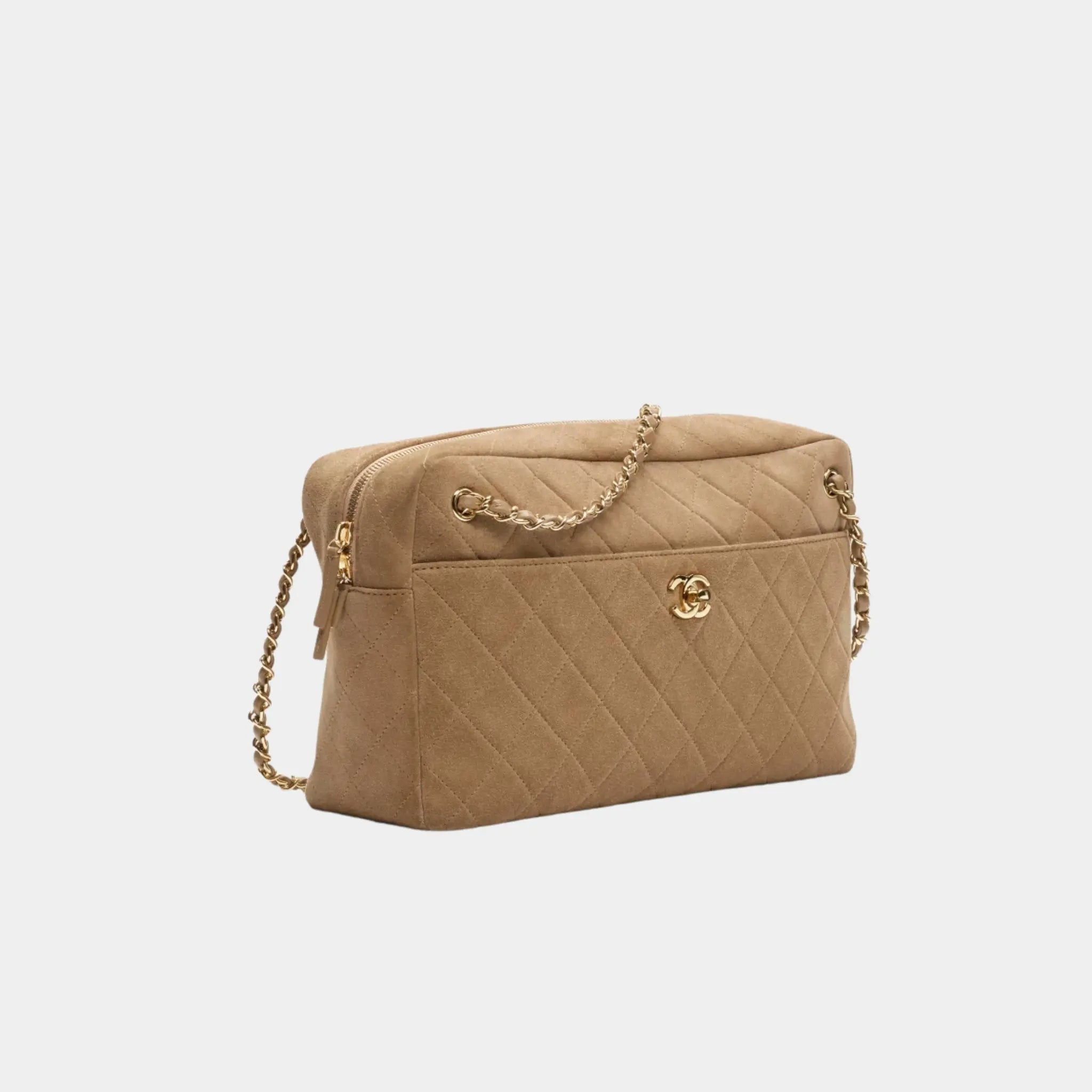 Chanel Maxi Camera Case in Dark Beige Suede Calfskin &amp; Gold Metal, Front Side