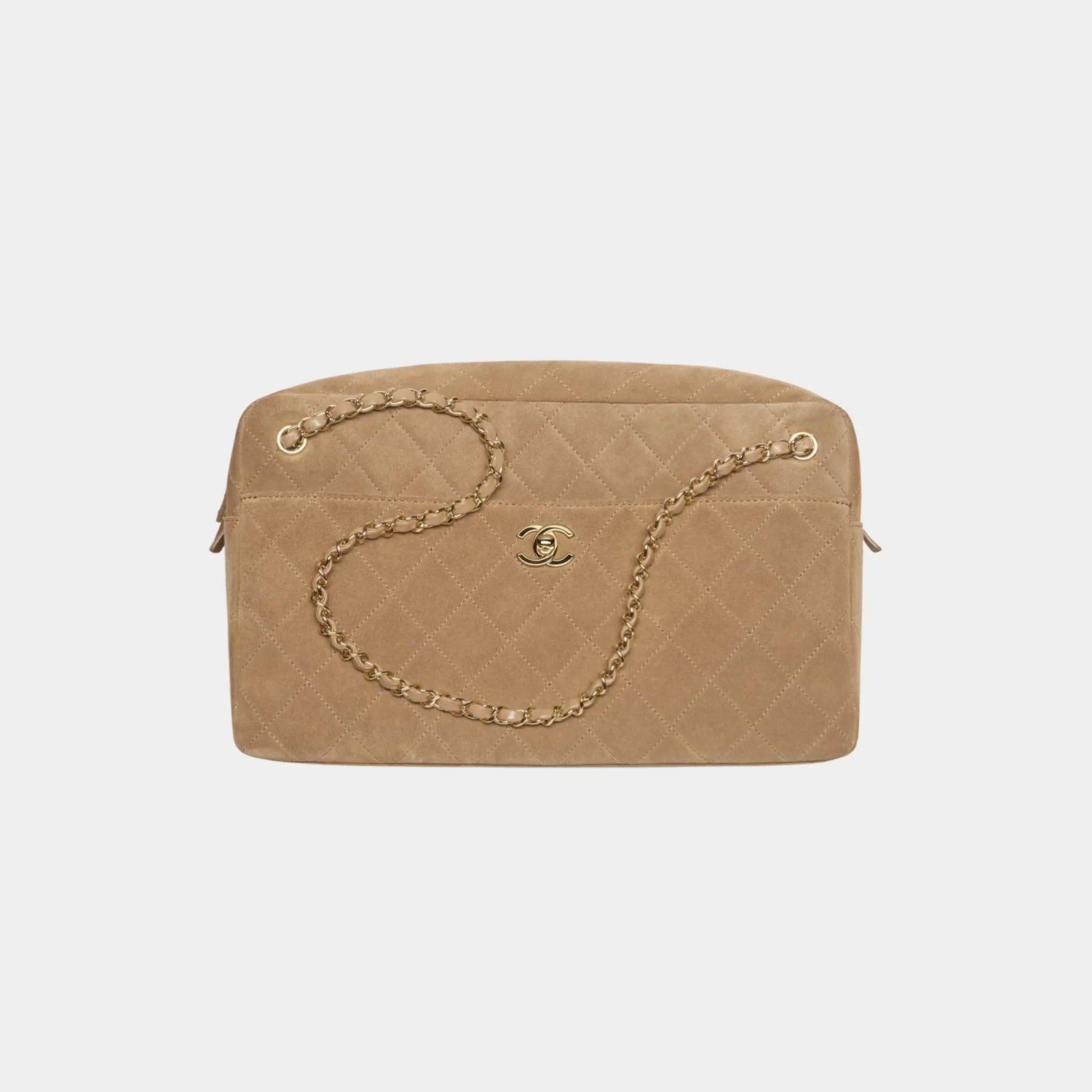 Chanel Maxi Camera Case in Dark Beige Suede Calfskin &amp; Gold Metal, Front