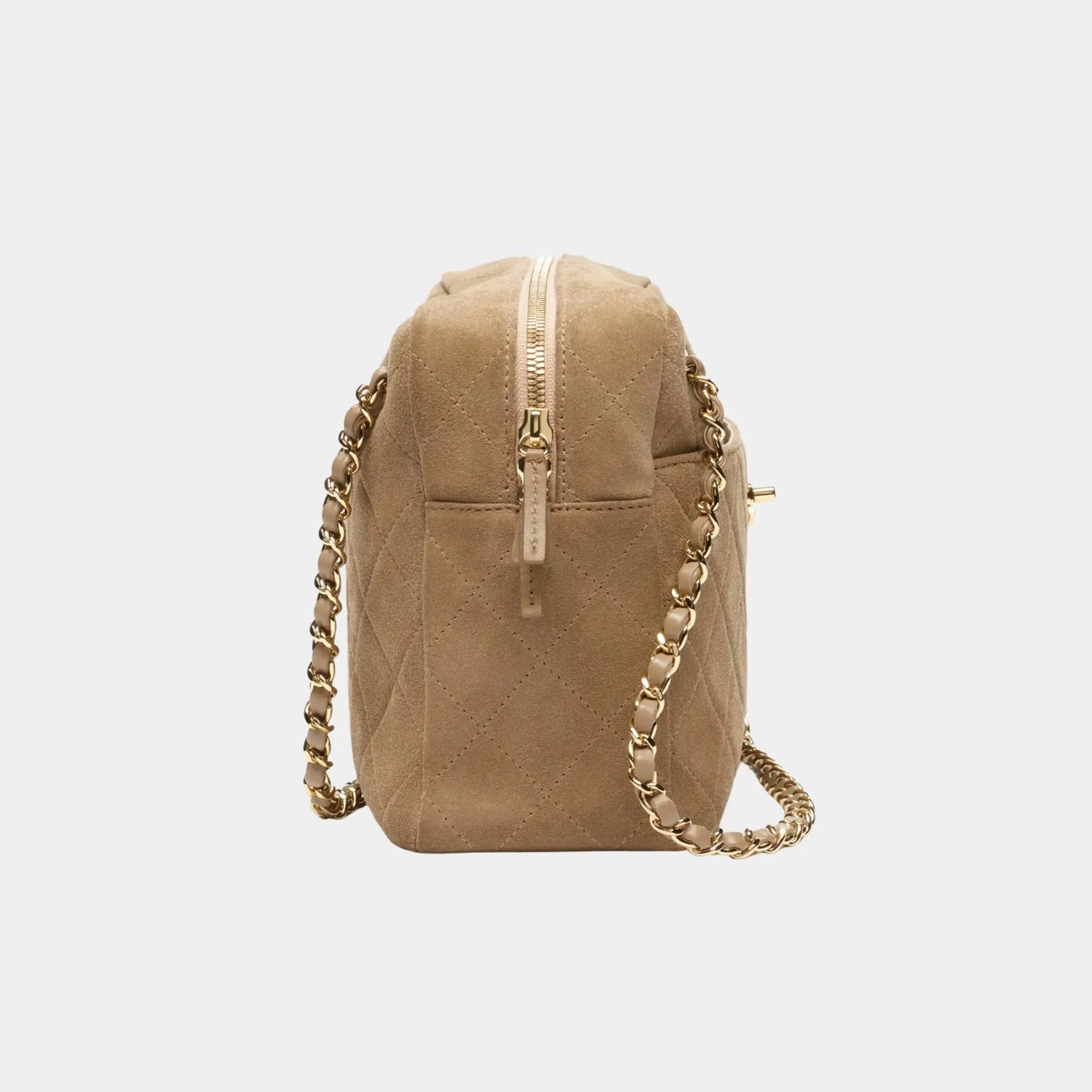 Chanel Maxi Camera Case in Dark Beige Suede Calfskin &amp; Gold Metal, Side