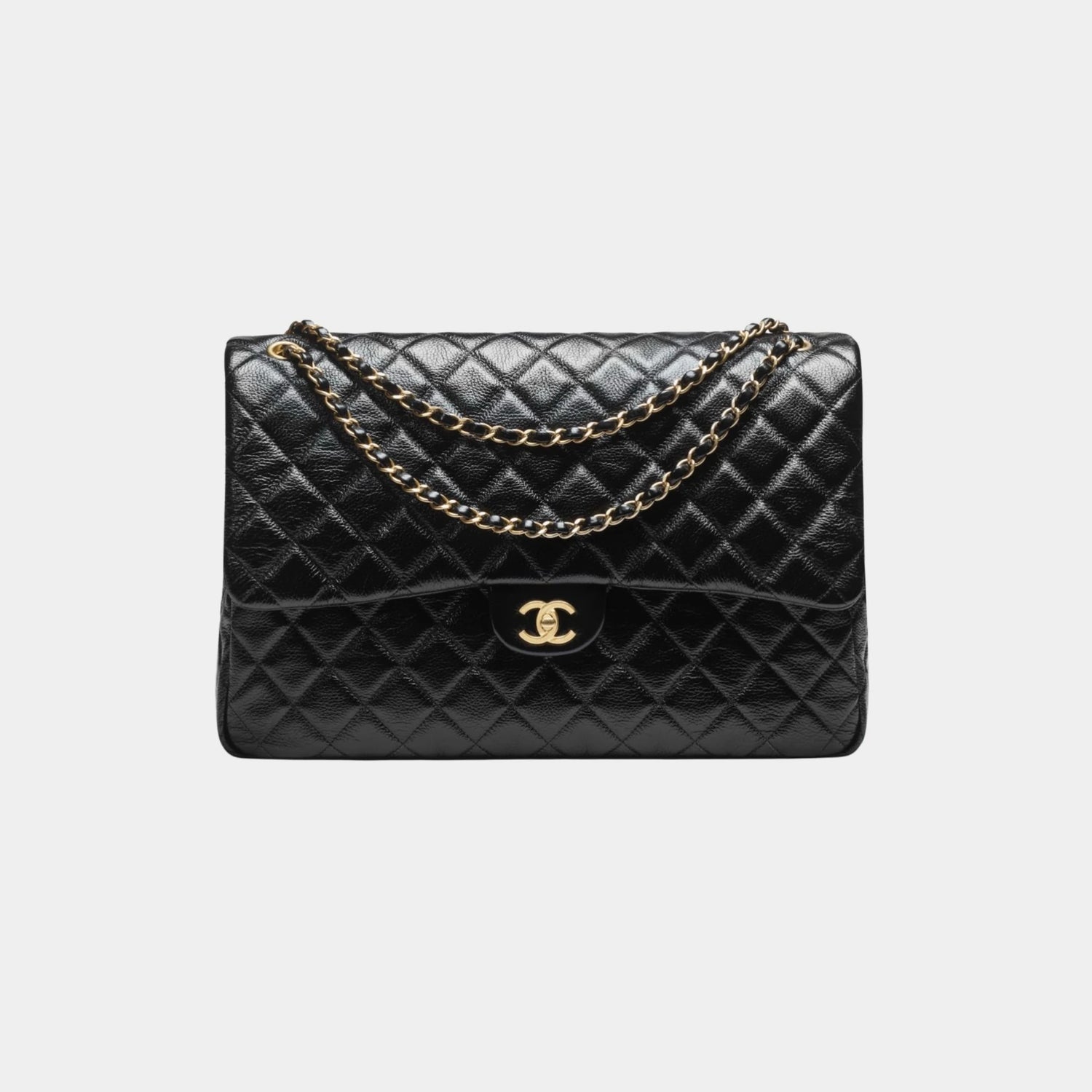 Chanel Maxi Flap Bag Grained Shiny Calfskin &amp; Gold Tone Metal Black, Front 