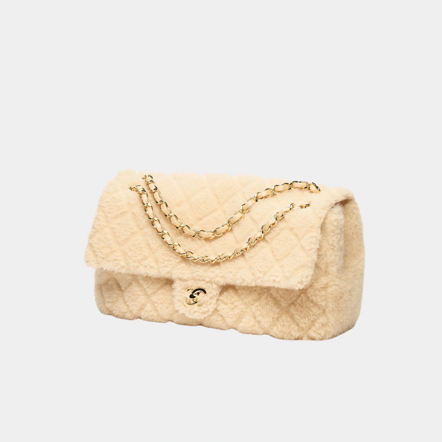 Maxi Flap Bag Shearling Lambskin &amp; Gold Tone Metal Beige