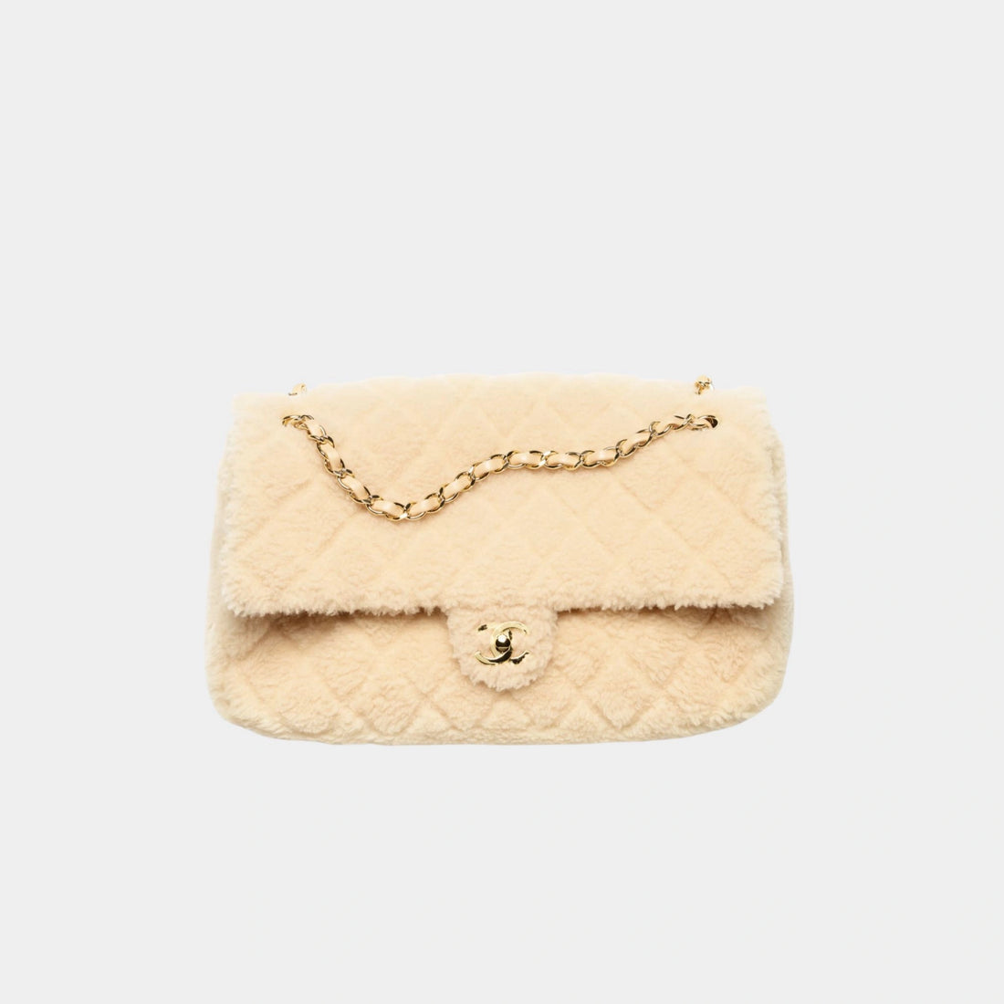 Maxi Flap Bag Shearling Lambskin &amp; Gold Tone Metal Beige