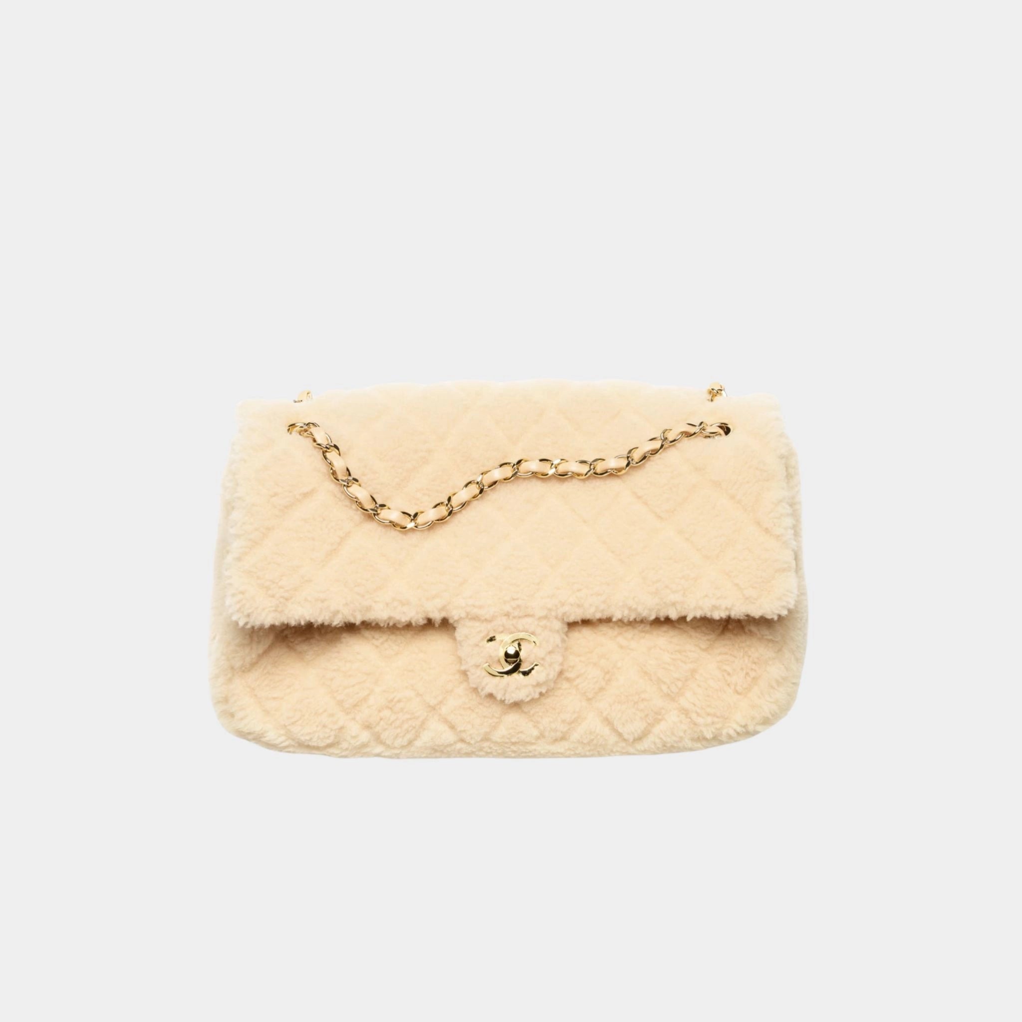 Maxi Flap Bag Shearling Lambskin &amp; Gold Tone Metal Beige
