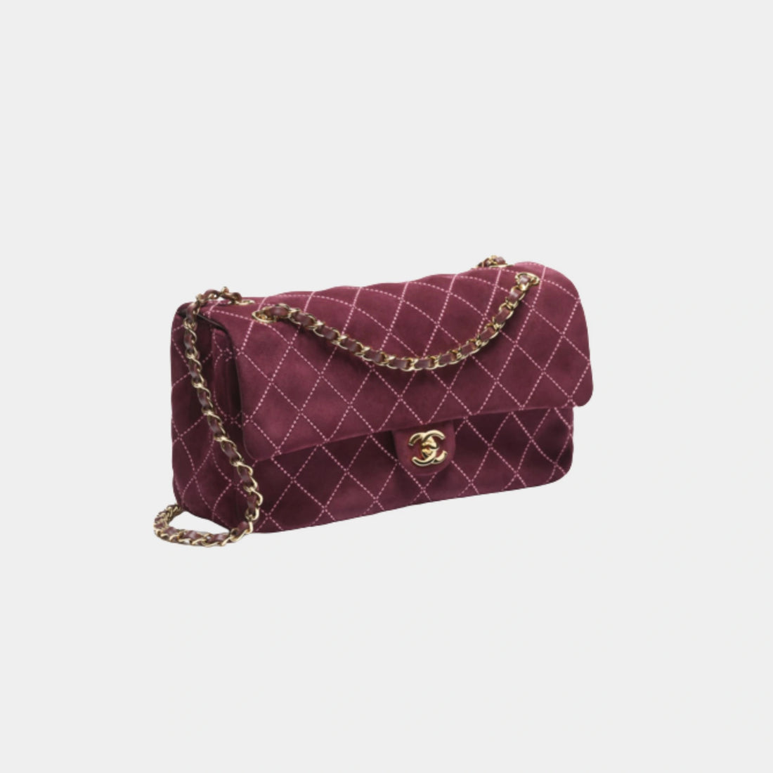 حقيبة Chanel ماكسي فلاب من جلد العجل الشمواه والمعدن الذهبي، عنابي 