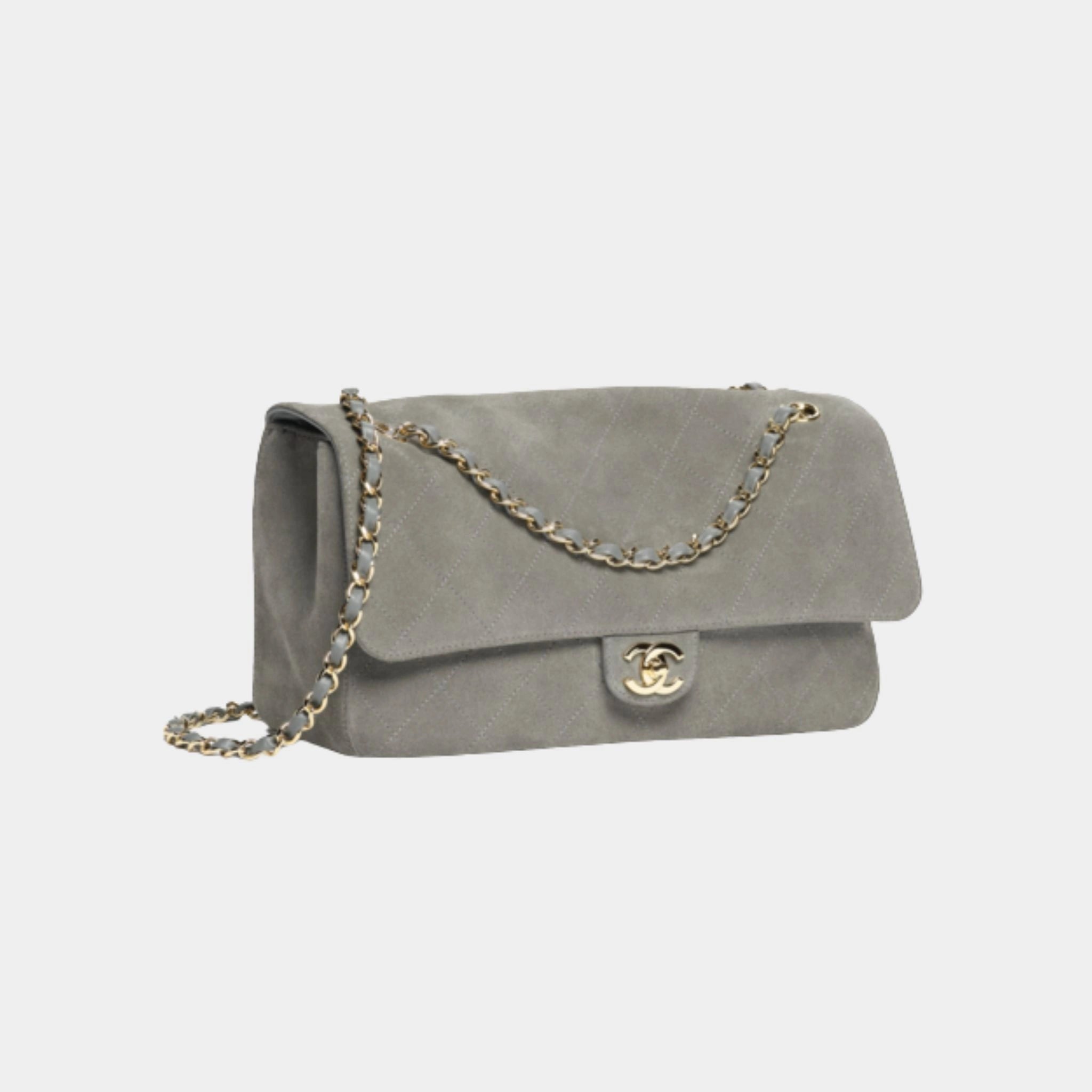 Chanel Maxi Flap Bag Suede Calfskin &amp; Gold Metal, Dark Grey