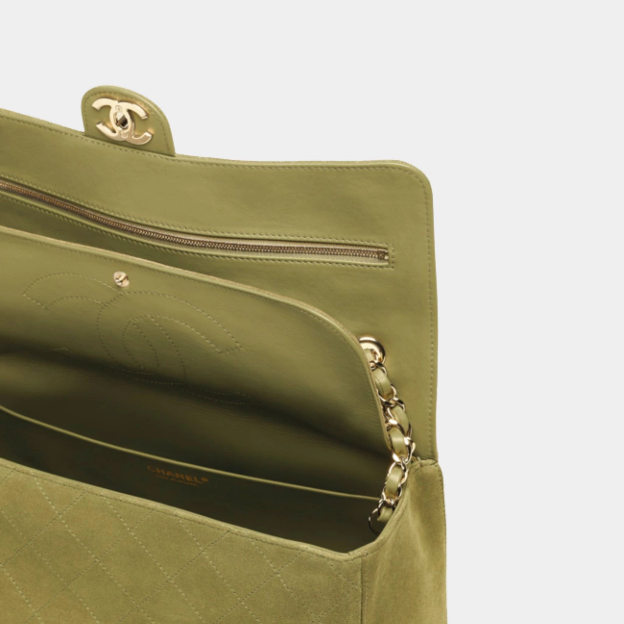 Chanel Maxi Flap Bag Suede Calfskin &amp; Gold Metal, Khaki